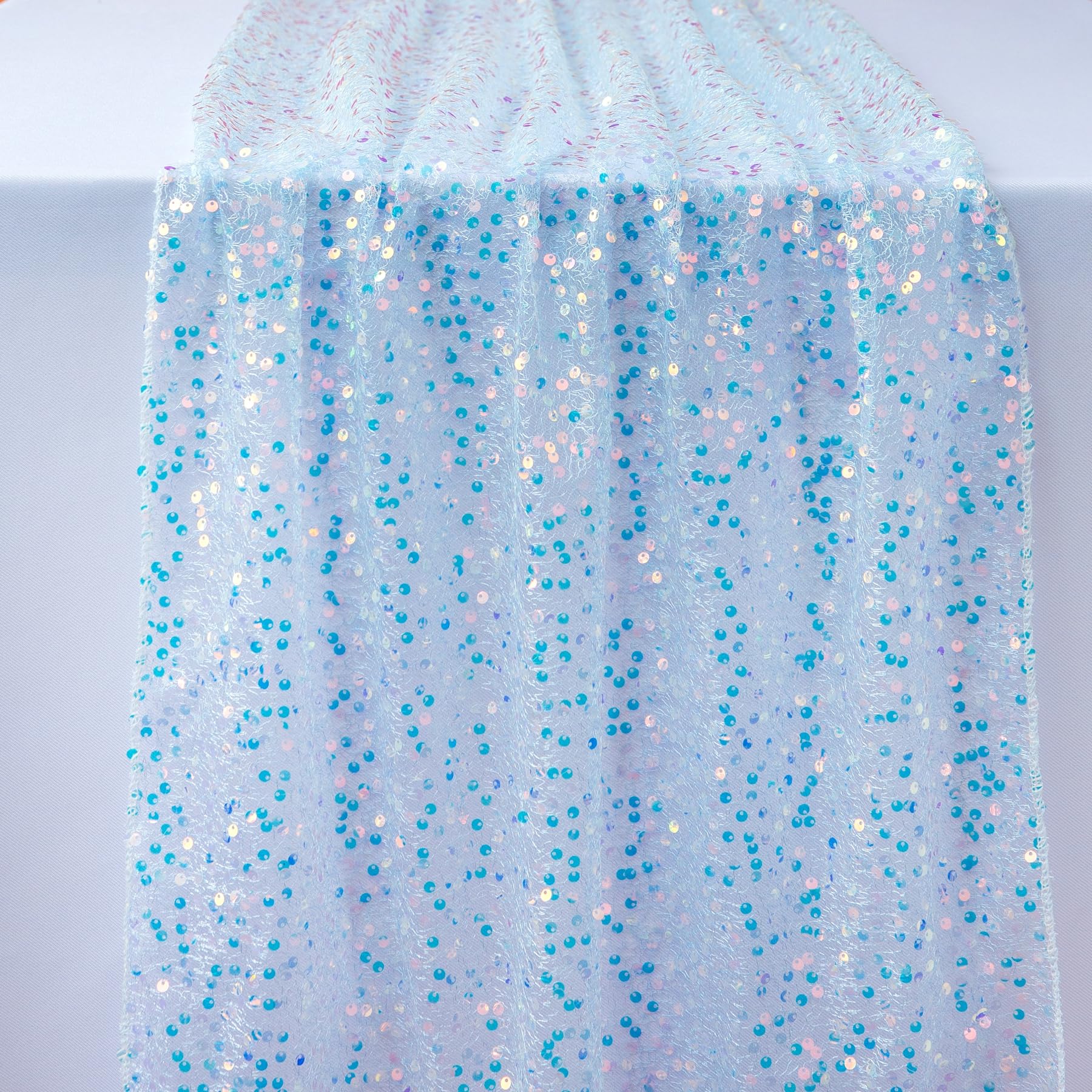 LIGICKYBlue Table Runners 120 Inches Long Iridescent Glitzy Sequin Table Runner Sparkling Decorative Giltter Glam Table Cloth for Mermaid Party Christmas Baby Shower Wedding Birthday 25X120 inch