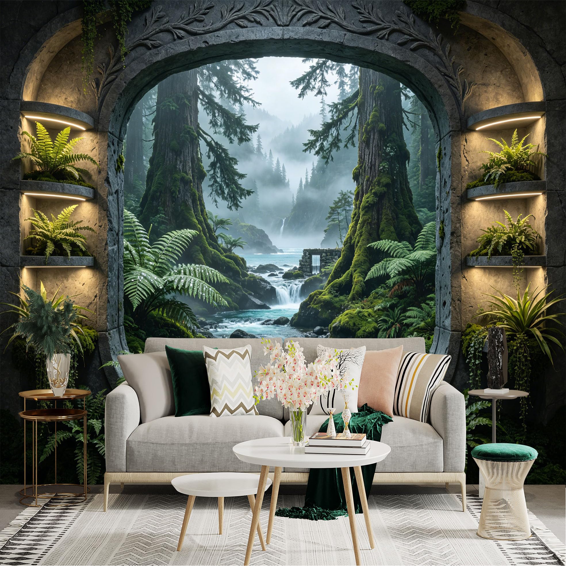 Lnzczhyre Dbh260521103 Custom Size Wall Sticker Mural， Misty Forest Landscape， Mossy Trees， Flowing River， Ancient Stone Archway， Lush Ferns， For Wall Decoration， Peelandstick Wall Decals.