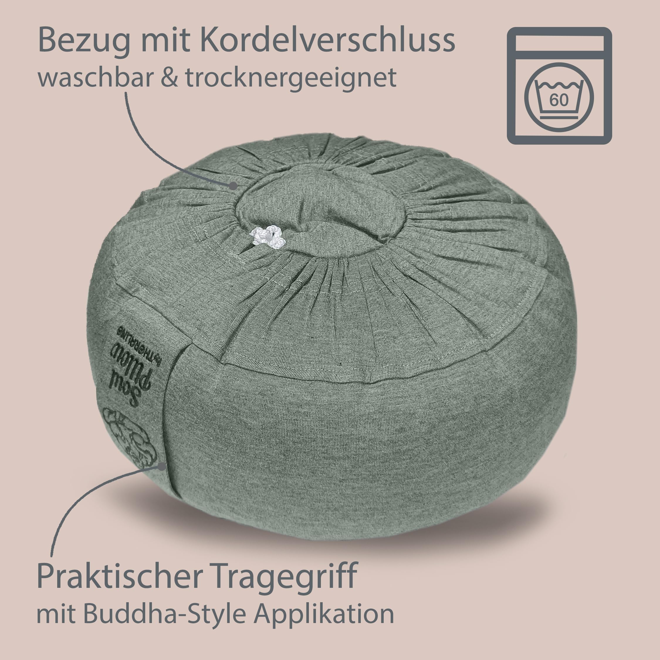 Soul Pillow Meditationskissen, Yoga Sitzkissen 15 cm hoch, Ø30cm mit Dinkelfüllung, Bezug waschbar, Sitzkissen Boden für Meditation und Yogakissen rund, OEKO TEX 100