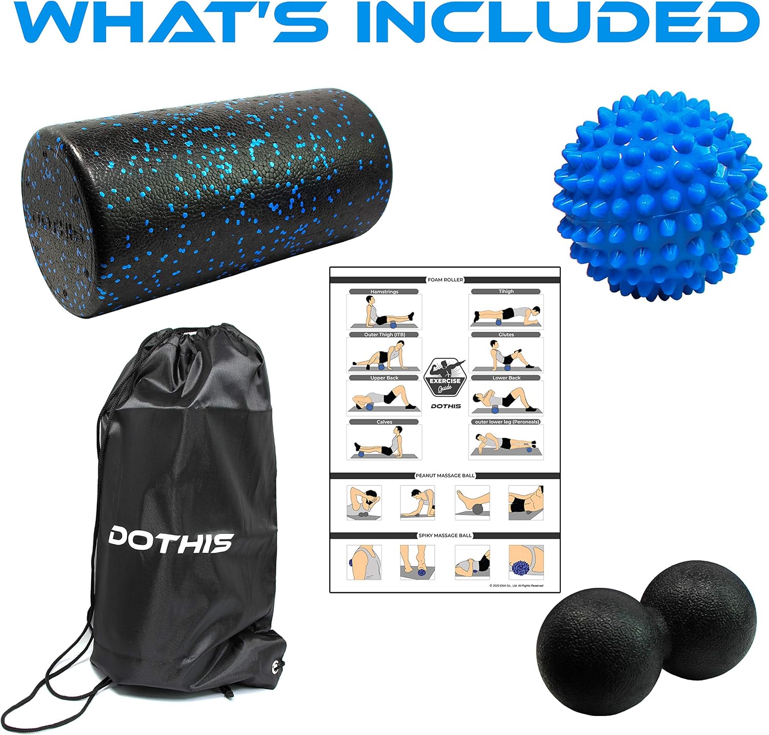 4 in 1 Foam Roller with Spiky and Peanut Massage Ball - Back-Roller with Massager Balls, Speckled Firm Muscle Rollers for Physical Therapy, Pilates, Yoga, Workout, Stretching, Balance & Core Exercises