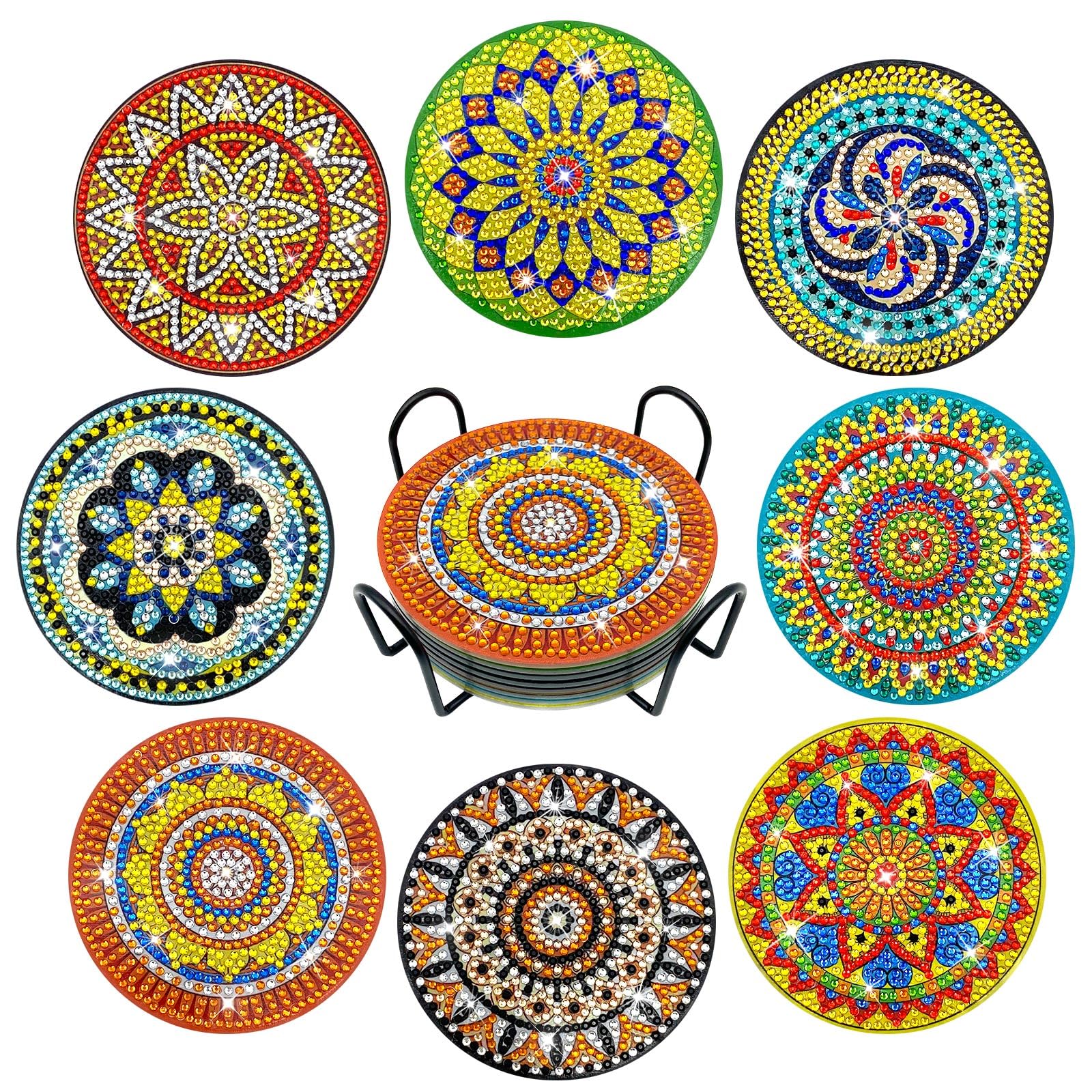 FILASLFT 8PCS Mandala Diamond Art Coasters for Adults, Diamond Painting Coasters with Holder, Circular Datura Flower Pattern Diamond Painting Kits Crafts(Diameter 3.9in/9.8cm)