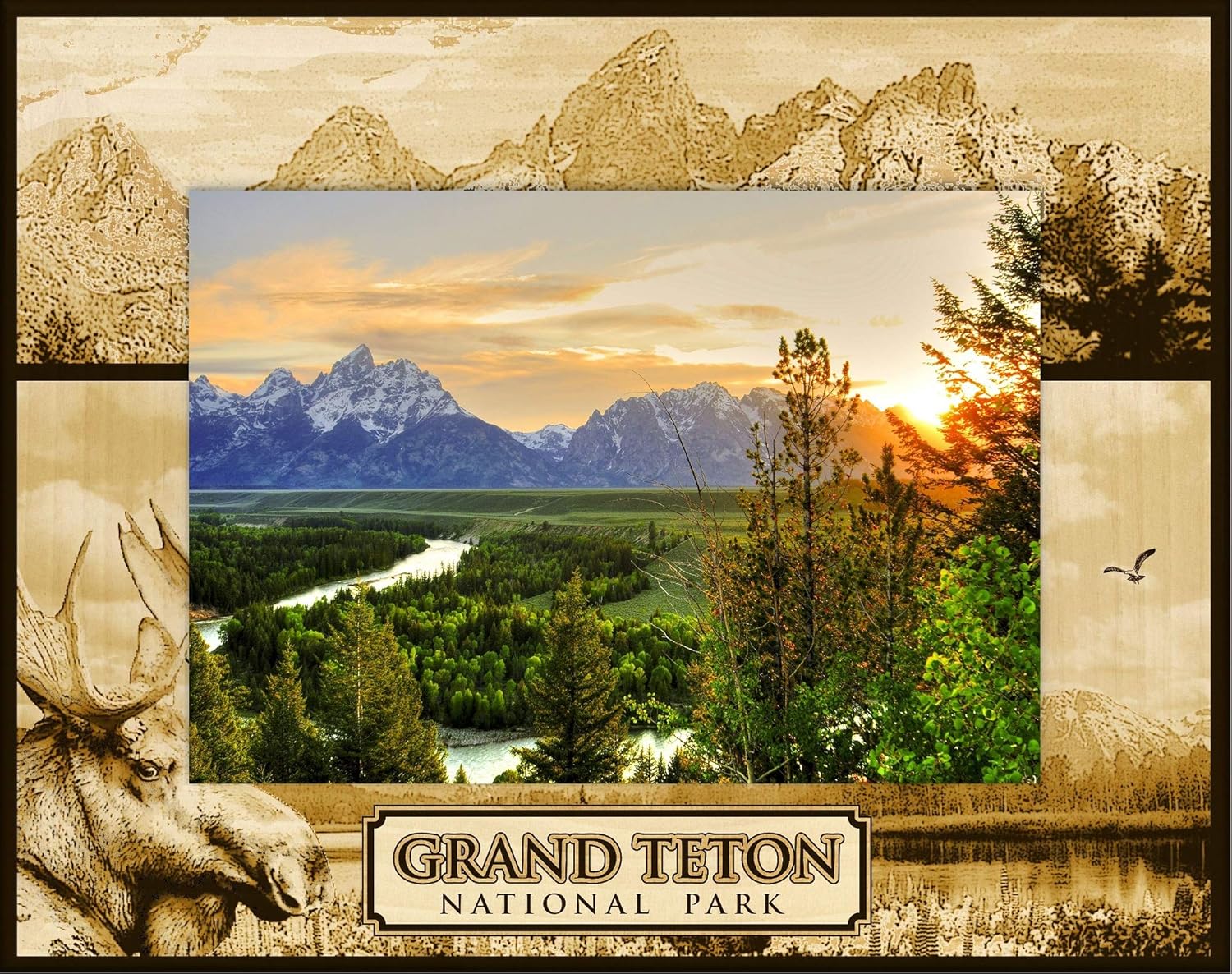Saddle Mountain Souvenir Grand Teton National Park Laser Engraved Wood Picture Frame Landscape (5 x 7)