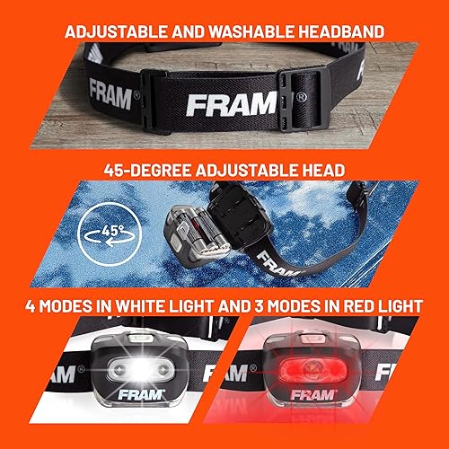 Miniatura 2 de FRAM FAC40008 Linterna frontal con luz blanca y roja, diadema cómoda, equipo de supervivencia, lámpara impermeable.