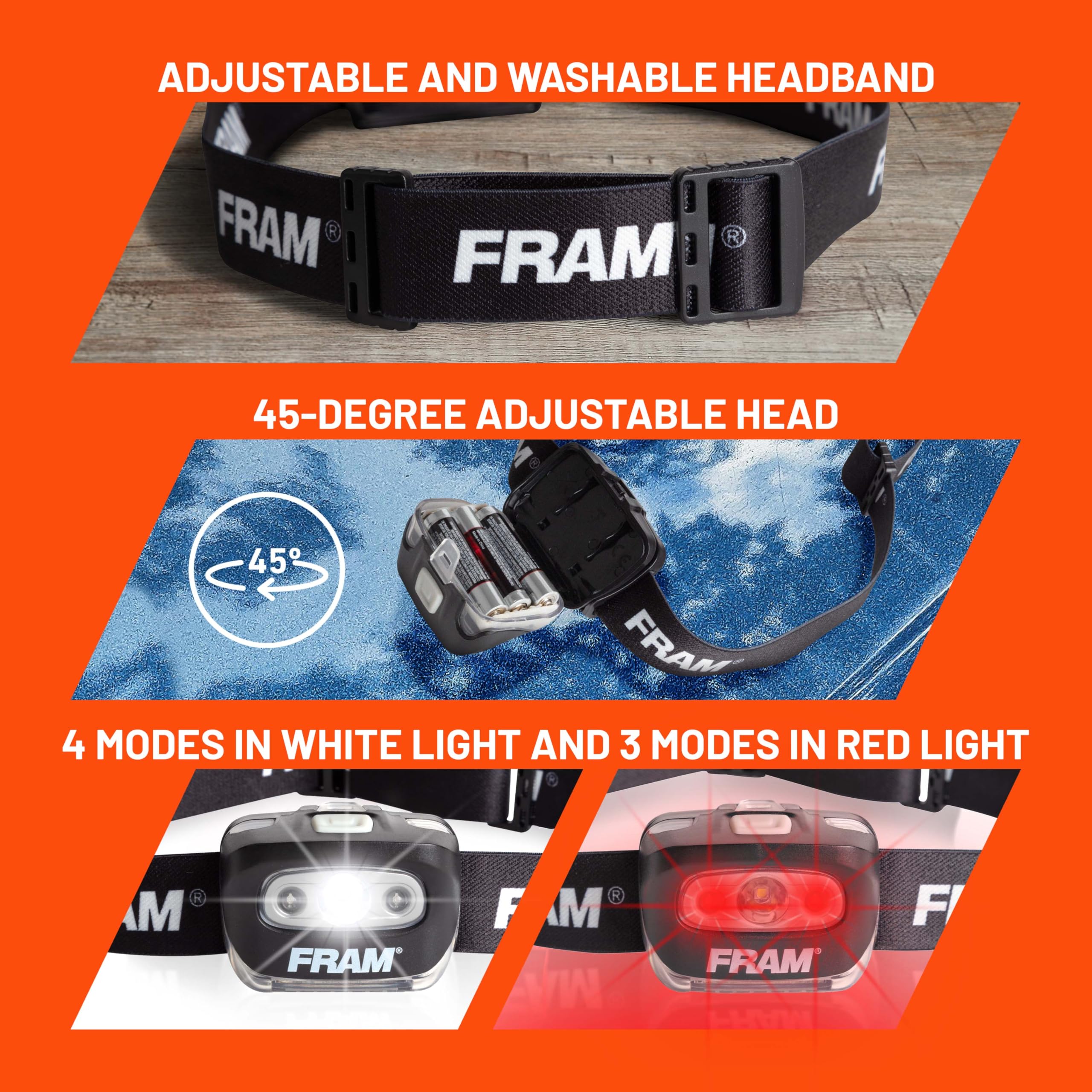 FRAM FAC40008 Headlamp Flashlight with White & Red Light, Comfortable Headband, Survival Gear, Waterproof lamp.