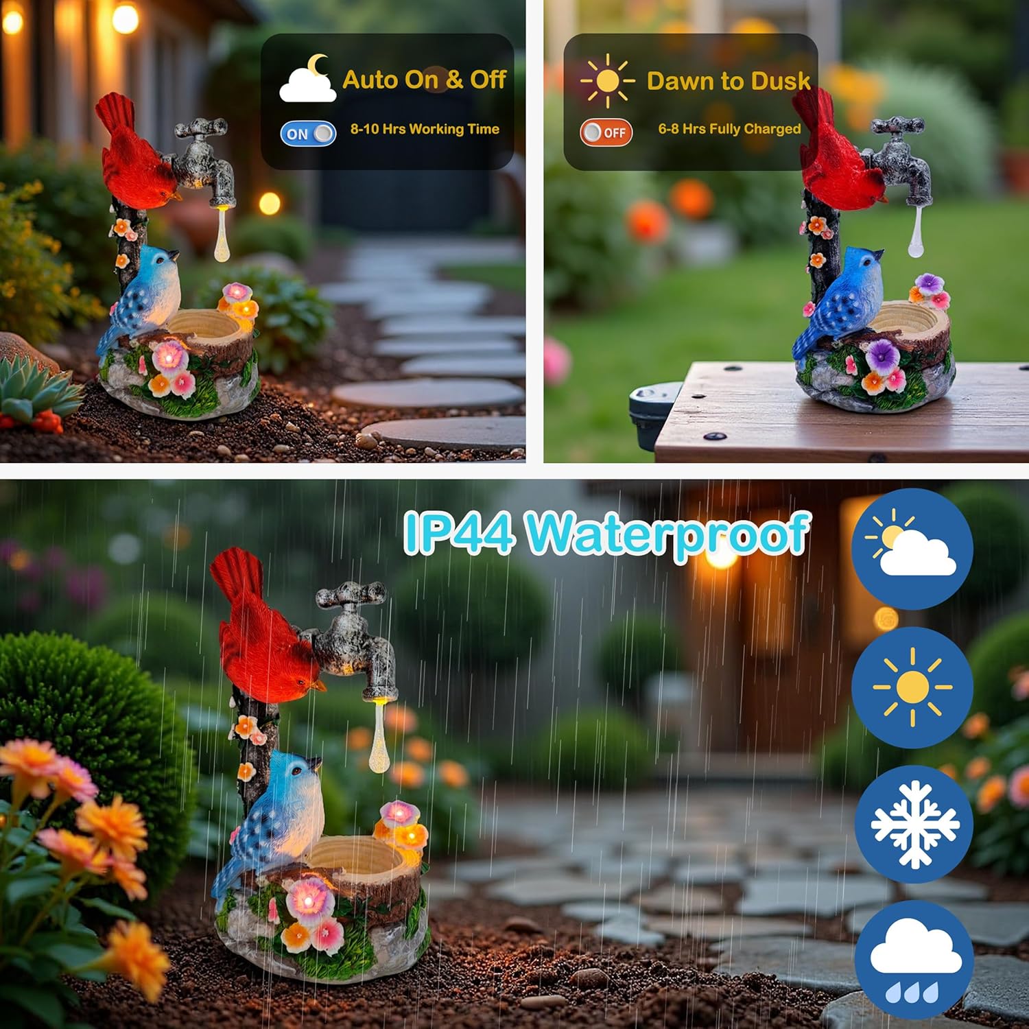 Solar Cardinal Birds Statue with Bird Feeder, 12″ Resin Garden Decor Color Changing Fountain Figurine Light Outdoor Waterproof, Bird Ornaments for Yard Patio Porch, Home Decor Easter Mom Gifts