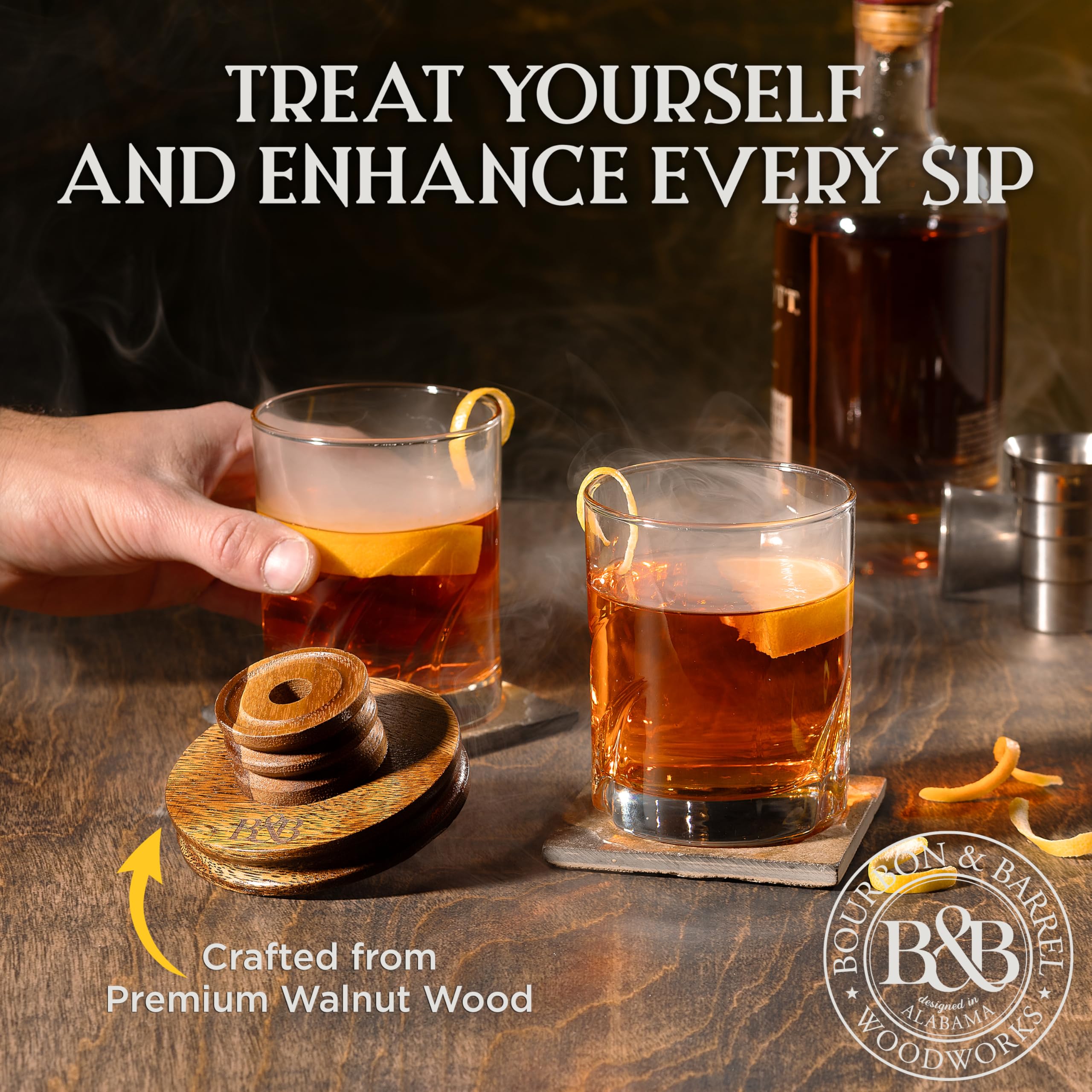 BOURBON&BARREL Cocktail Smoker Kit | Crafted with Walnut Wood | Whiskey Smoker Kit with Instant Smoker, Glass Drink Topper and 4 Varieties of Wood Chips | Old Fashioned Drink Smoker [Walnut]