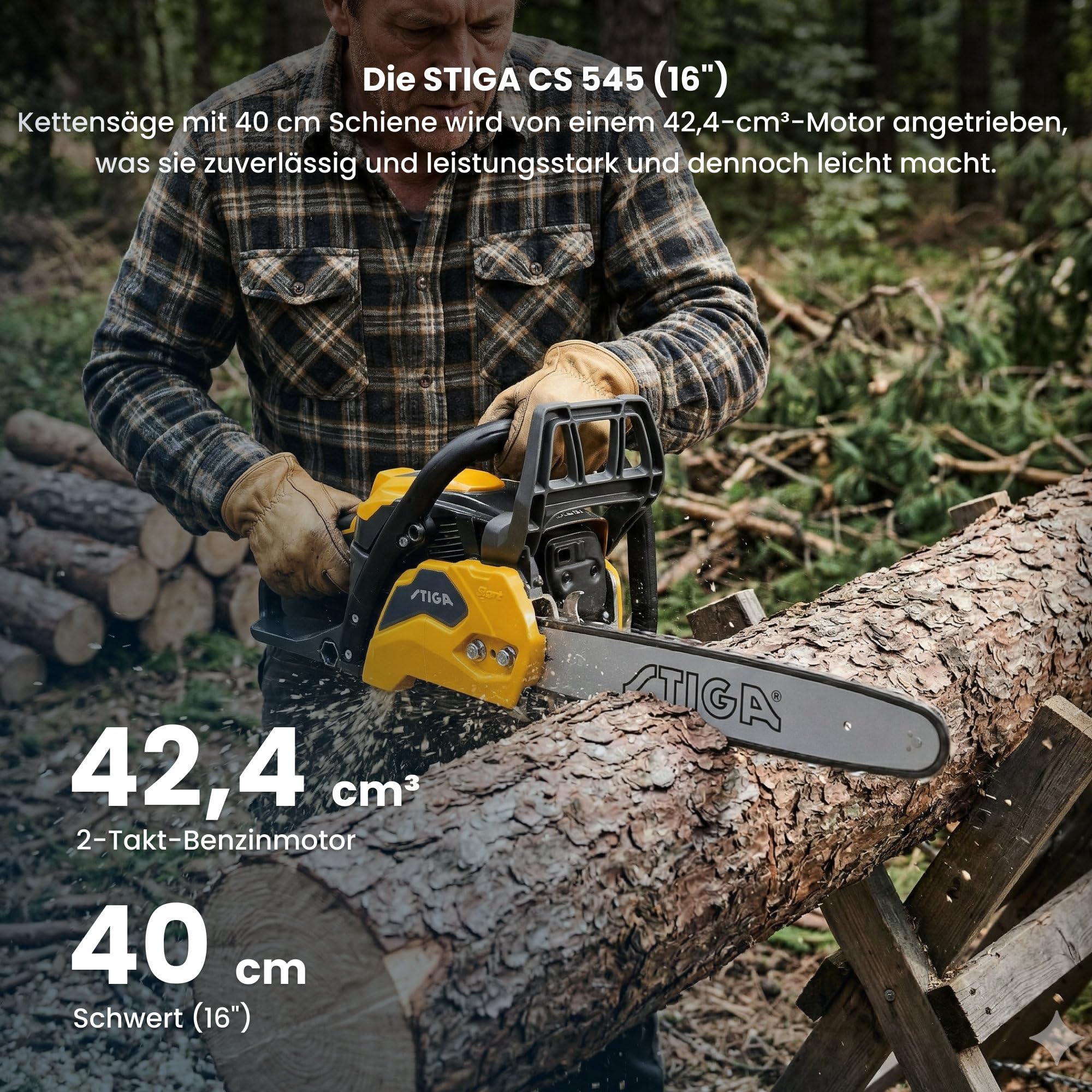 STIGA CS 545 (16') Benzin-Kettensäge - 42,4cc Motor, 40cm Schiene, einstellbare Ölpumpe, Vibrationskontrolle