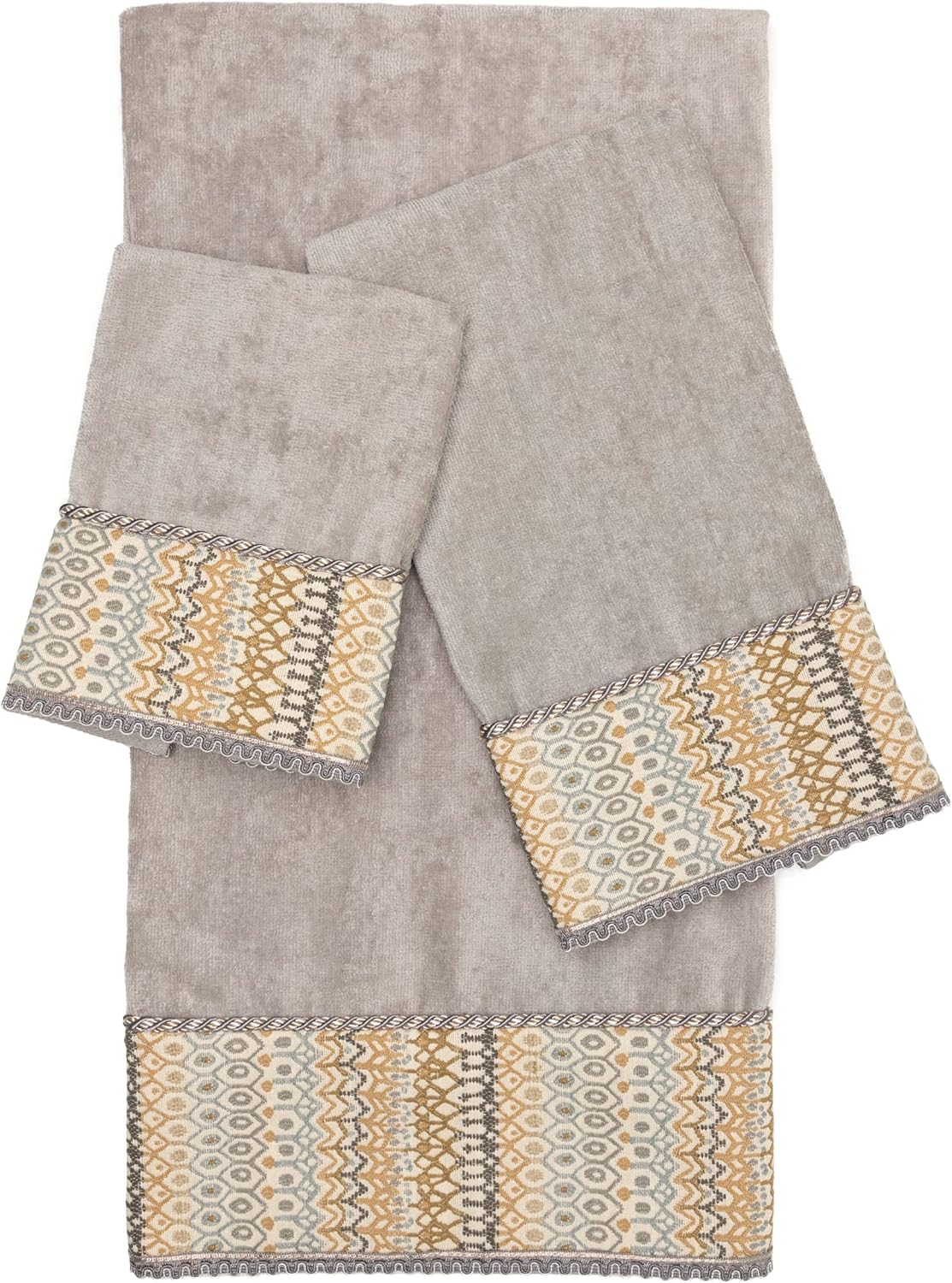 Austin Horn Classics Laurel 3-Piece Decorative Towel Set, Woven Jacquard Fabric with Cord & Gimp Braid, Pure Cotton Bath, Hand & Tip Towel, Extra Absorbent, Super Soft Bath Towels (Grey)