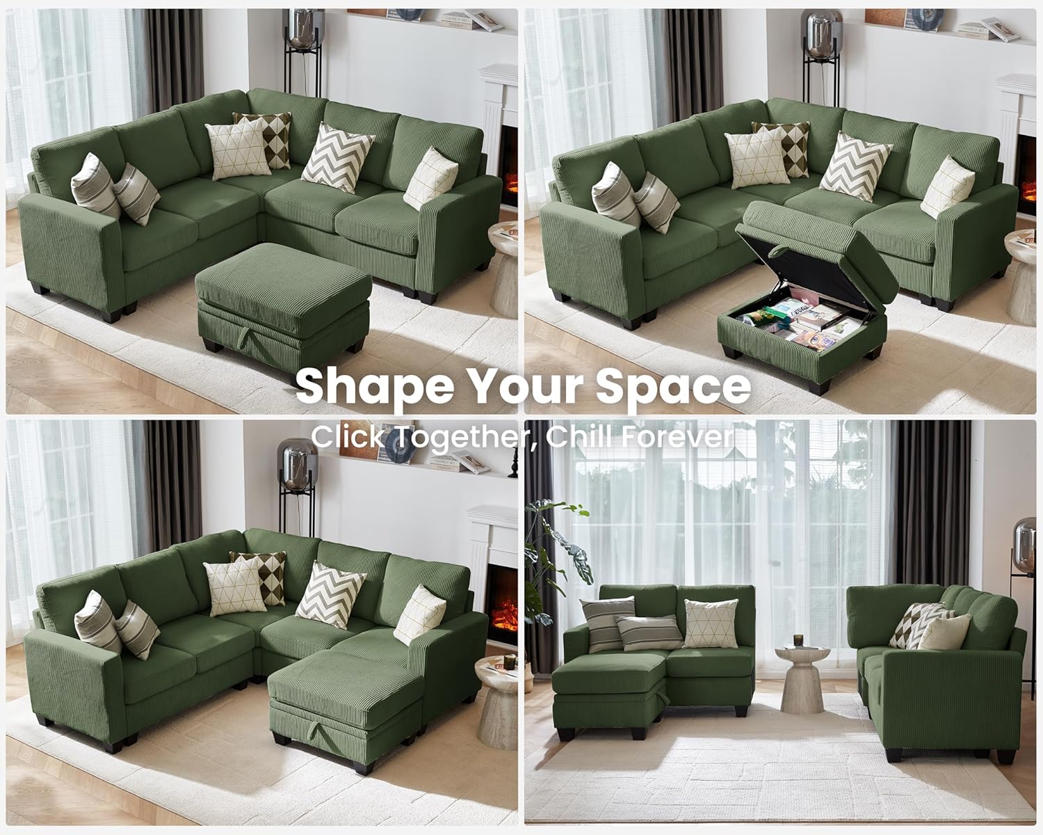 Four images showing different configurations of the modular sofa: an L-shaped sofa with ottoman, an L-shaped sofa with the ottoman used as storage, an L-shaped sofa with the ottoman forming a chaise, and a smaller two-seater sofa with a separate armchair and ottoman.