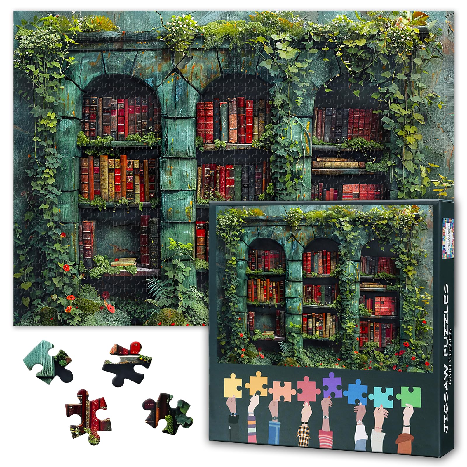 Bookshelf Greenery from Plants intertwines with the Books Jigsaw Puzzle 1000 Pieces – Retro Books Puzzles in Stunning Detail | 50x70cm Finished Artwork — image 1