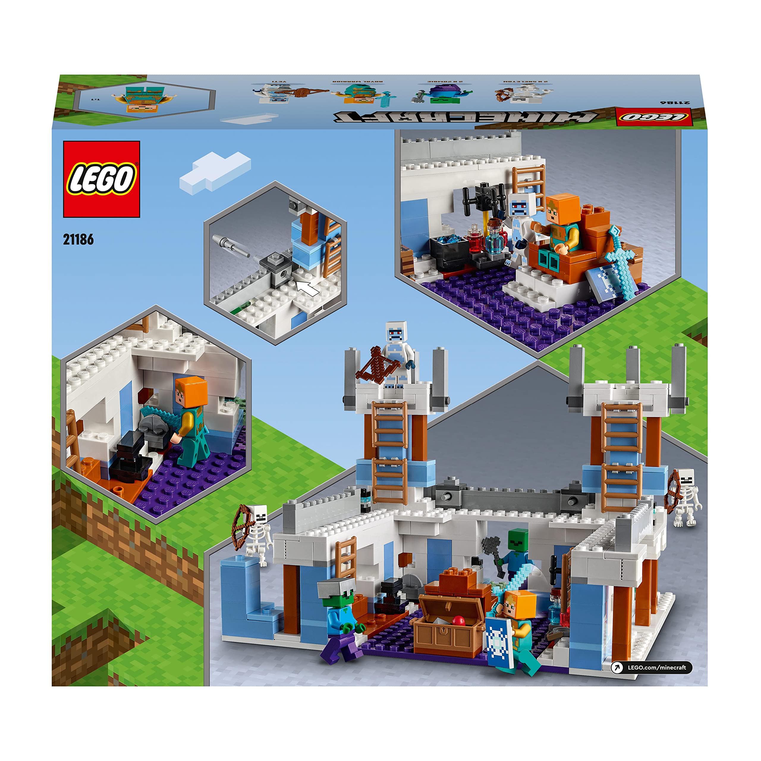 LEGO 21186 Minecraft El Castillo de Hielo, Juego de Acción y Batallas, Set de Construcción para Niños de 8 Años o Más, Zombies, Esqueletos y Espada