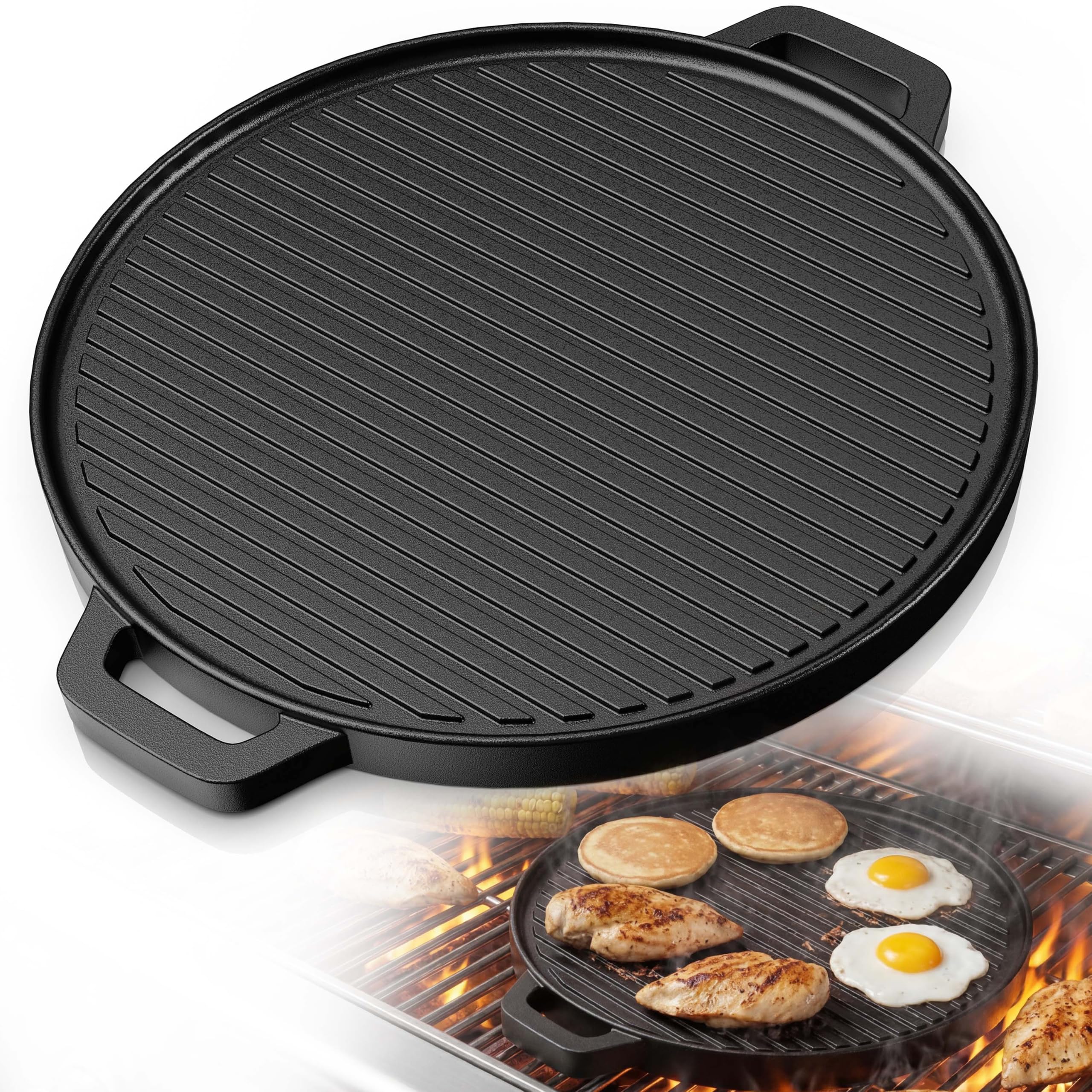 Piastra griglia con Manico per barbecue, Bistecchiera Antiaderente, Piastra Premium in Ghisa da 33 cm per Barbecue a Carbone, Gas e Pellet (Nero)