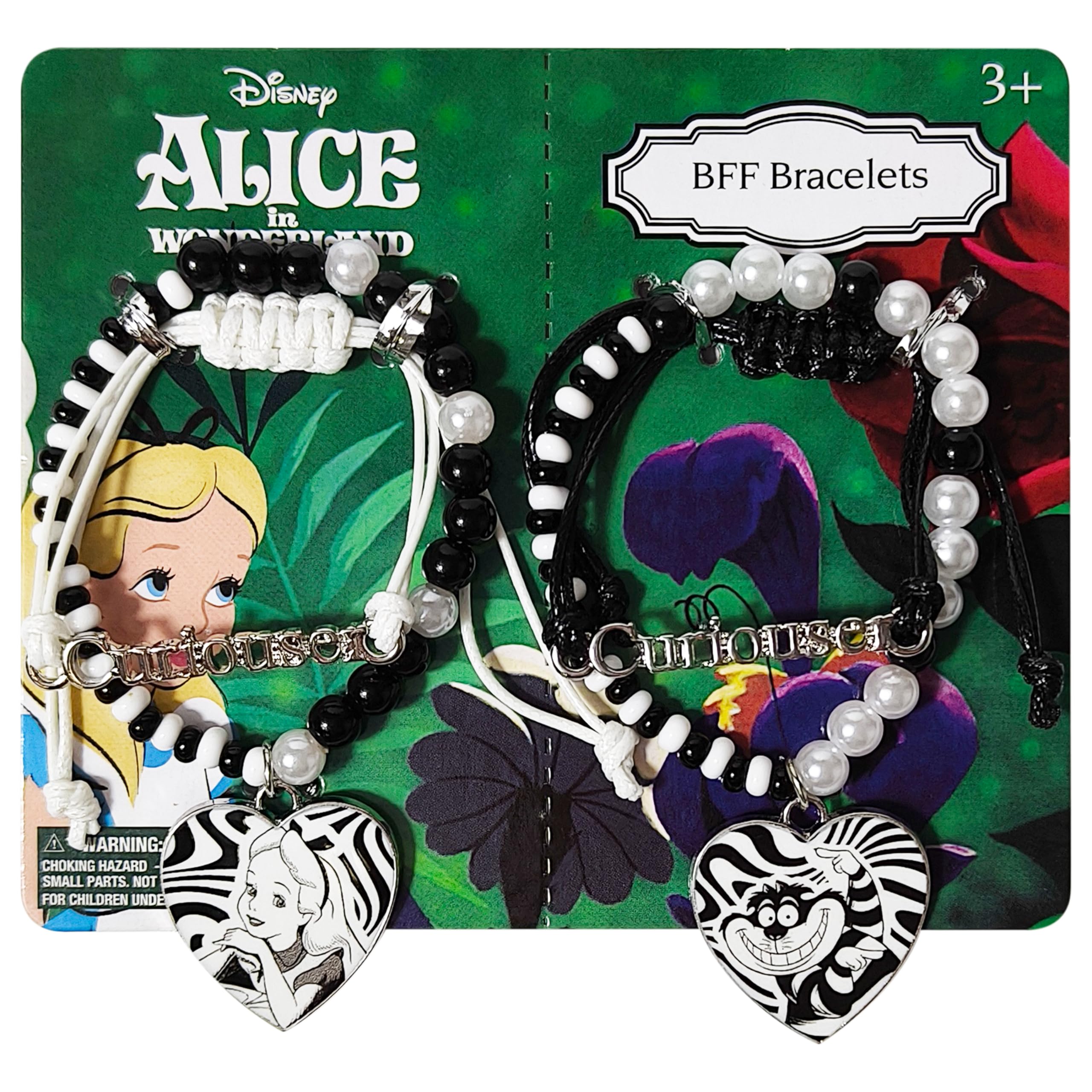 LUV HER Disney Alice in Wonderland Friendship Bracelet Set - 2 Beaded Heart Charm Bracelets - Best Friend/Sibling Gifts - Elastic Fit for Kids 3+ - Alice & Cheshire Cat Designs - Themed Gift Packaging