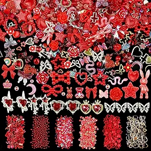 650pcs Mixed 3D Nail Charms Kit, 12pcs Luxury Metal Nail Rhinestones and 250pcs Resin Butterfly Flower Star Heart Bow Charms with 400pcs Flatback Pearls Rhinestone Metal Gems Charms (Red)