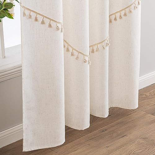 Miniatura 4 de Zeeinx Cortinas bohemias blancas para dormitorio, sala de estar, 84 pulgadas de largo, lino y algodón, cortinas bohemias con borlas, cortinas