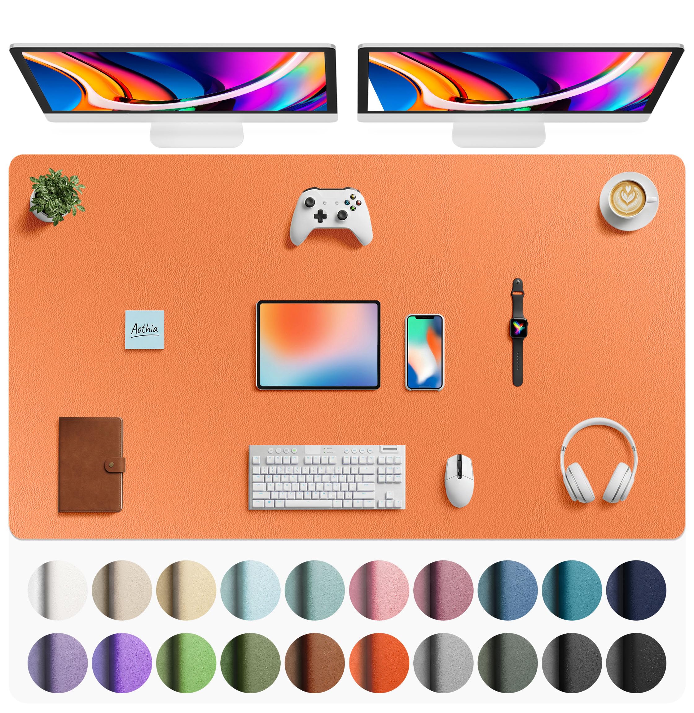 Aothia Faux Leather Desk Mat - Large Mouse Pad, Non-Slip PU Leather Blotter, Waterproof Writing Surface for Office and Home (Hermes Orange, 63" x 24")