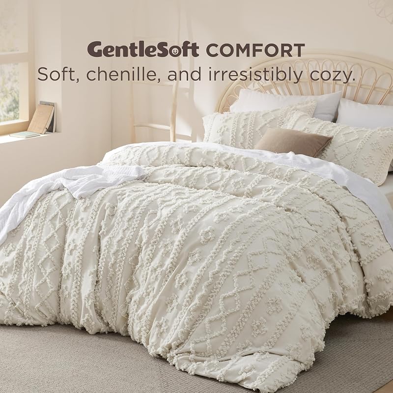 Bedsure Boho Duvet Cover Queen, Tufted Embroidery, 3-Piece, Beige image 2