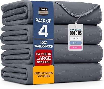 Utopia Bedding Washable Underpads 34" x 52" Pack of 4, Waterproof Reusable Heavy Absorbency Incontinence Bed Pads for Adults, Kids, Elderly and Pets, Bedwetting Pads for Sofa and Couch Grey