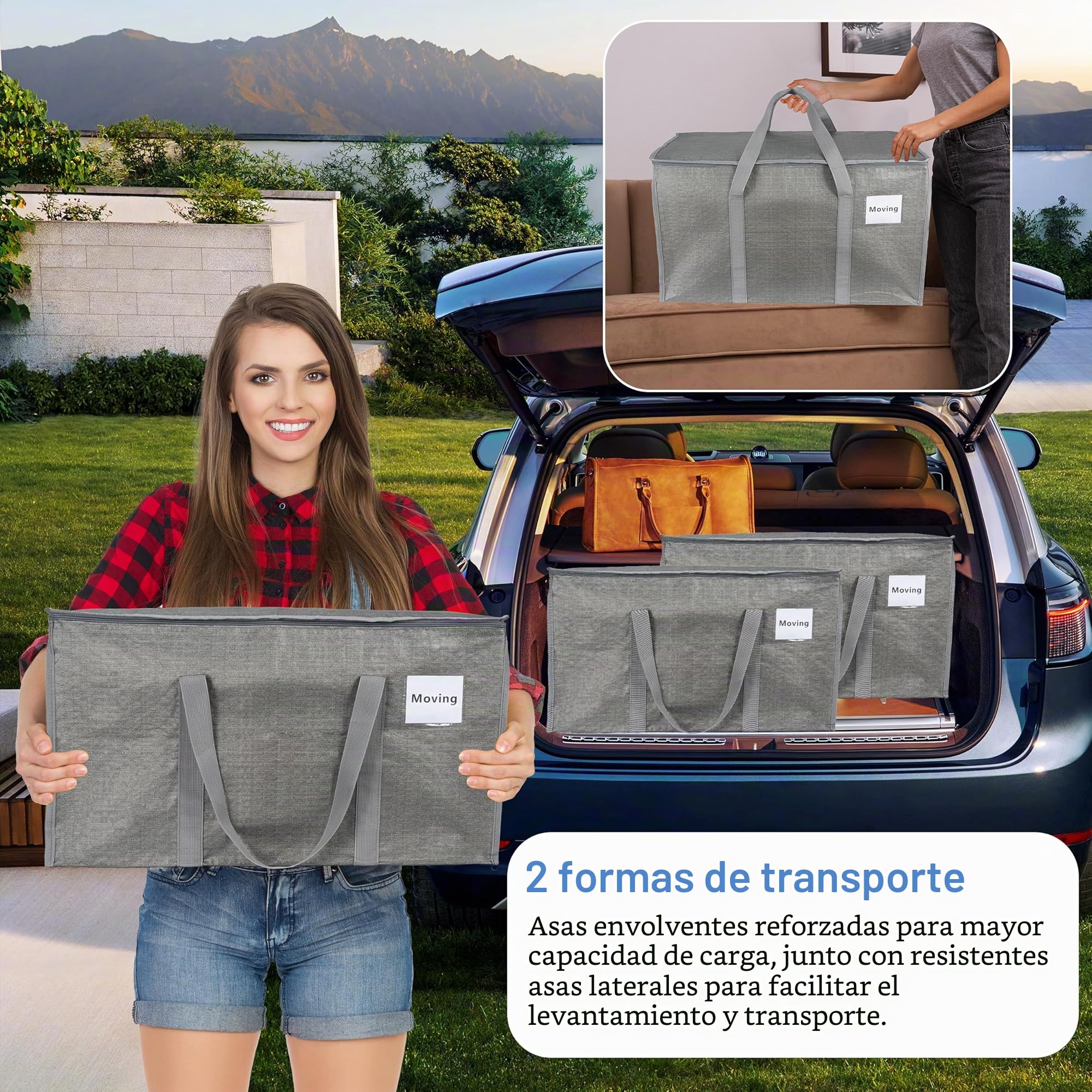 4 unidades de bolsas de almacenamiento grandes de 90 litros con tapa, cajas de mudanza plegables grandes con cremalleras, asas, bolsas de mudanza para guardar ropa, para mudanzas