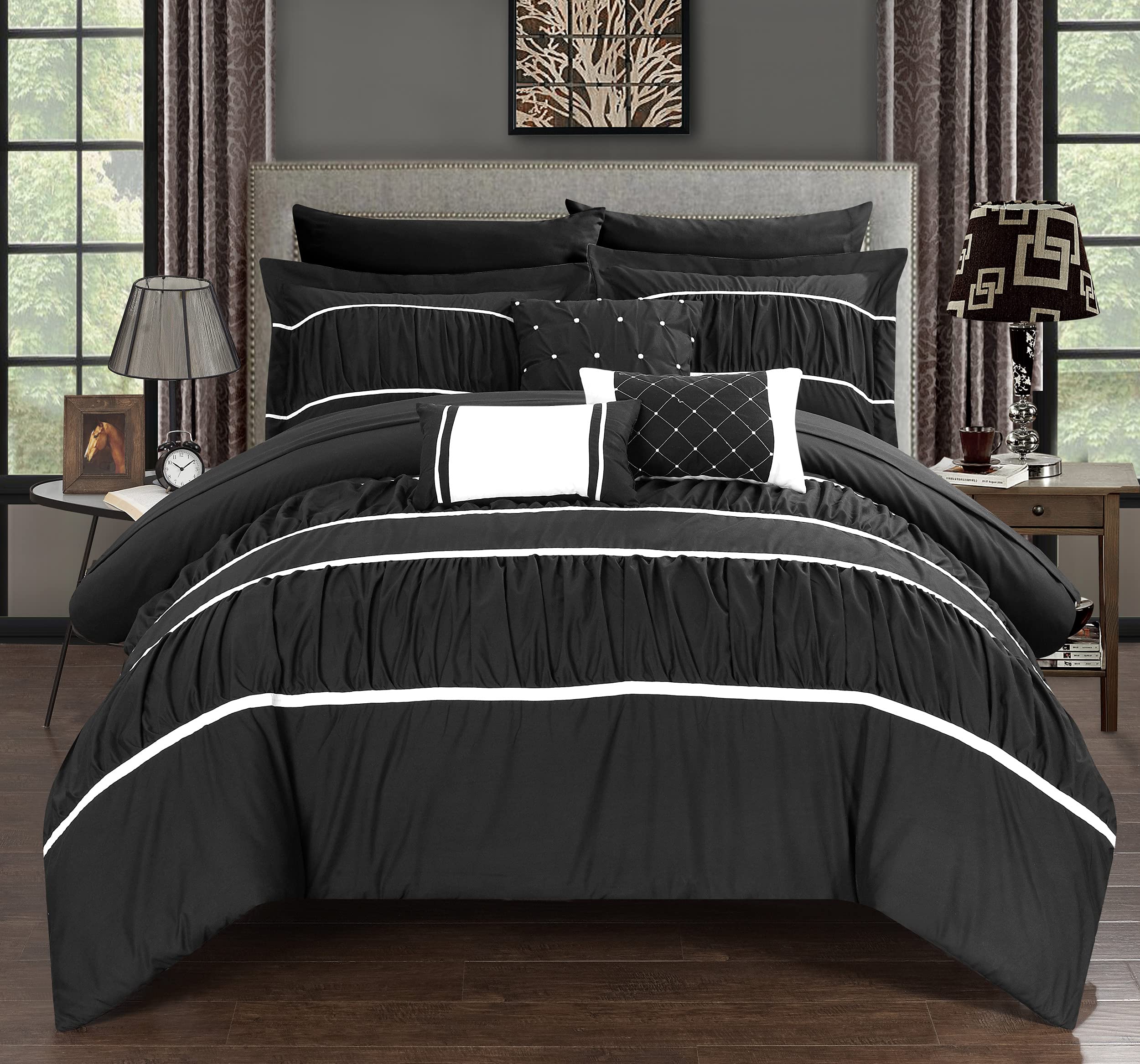 Chic Home CS2119-AN Cheryl 10 Piece Comforter Complete Bag Pleated Ruched Ruffled Bedding with Sheet Set, King, Black