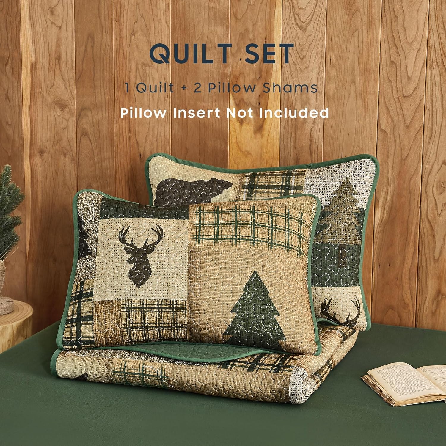 Wake In Cloud - Rustic Quilt Set, Cabin Country Christmas Bear Deer Wildlife Plaid Lodge Western Theme, Reversible Lightweight Bedspread Coverlet, 3 Pieces, Green Brown, King Size - Image 2