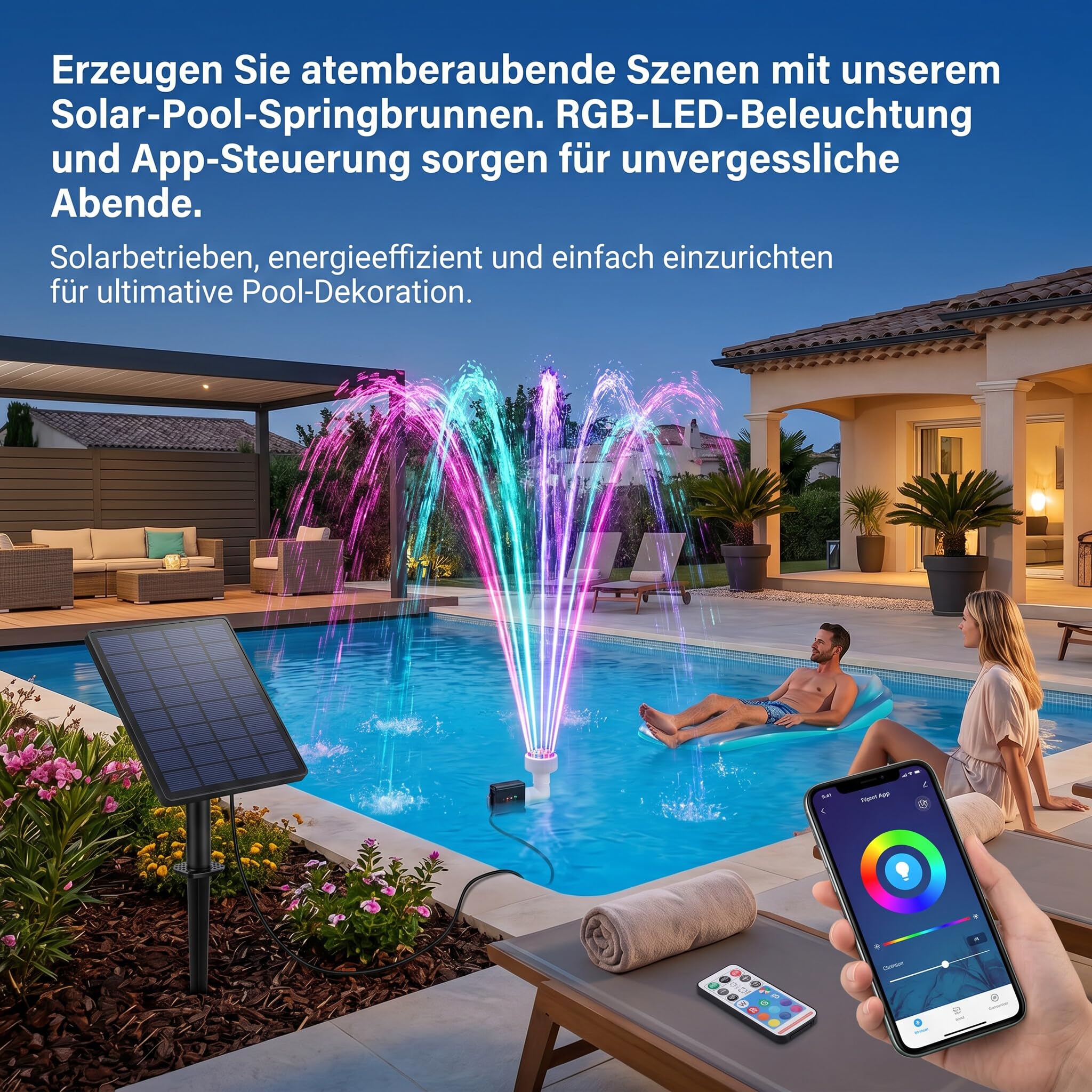Cocoarm Pool Fontäne Solar betrieben LED RGB, mit Fernbedienung & APP, einstellbare Sprühhöhe 0,5-3m, 1200mAh Akku, für Schwimmbad Unterwasser Teich Dekoration