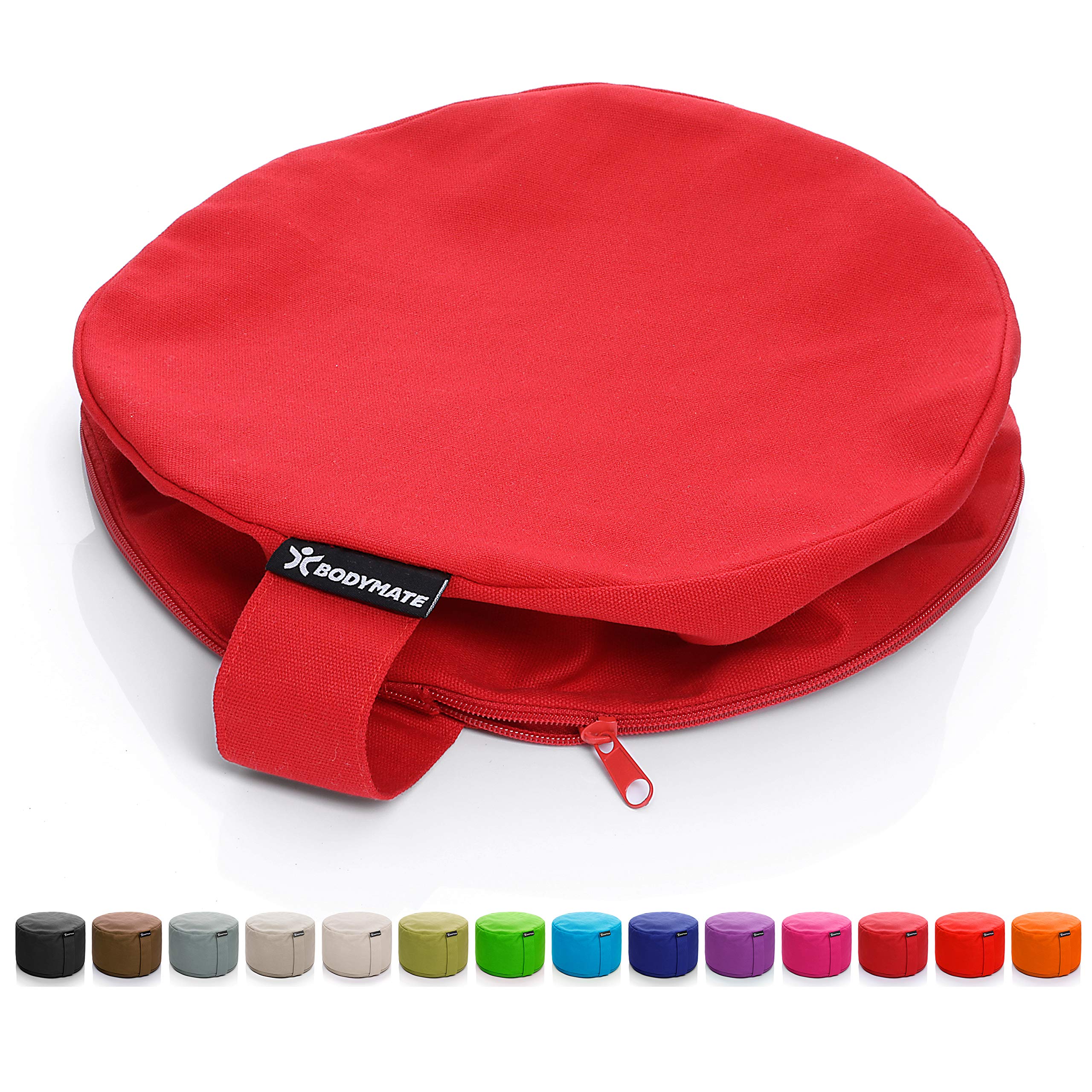 BODYMATE Cojín de Yoga Redondo | 31 cm Diámetro 13 cm Alto | Relleno de Cáscaras de Trigo Sarraceno | Funda Extragruesa y Lavable en Lavadora de Algodón 100% | Meditación y Asiento