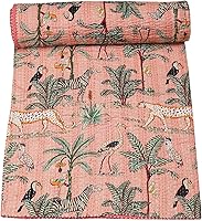Vista 6 de Marubhumi Edredón tradicional indio de algodón puro con estampado de selva Kantha, colcha Kantha con estampado de animales, multicolor