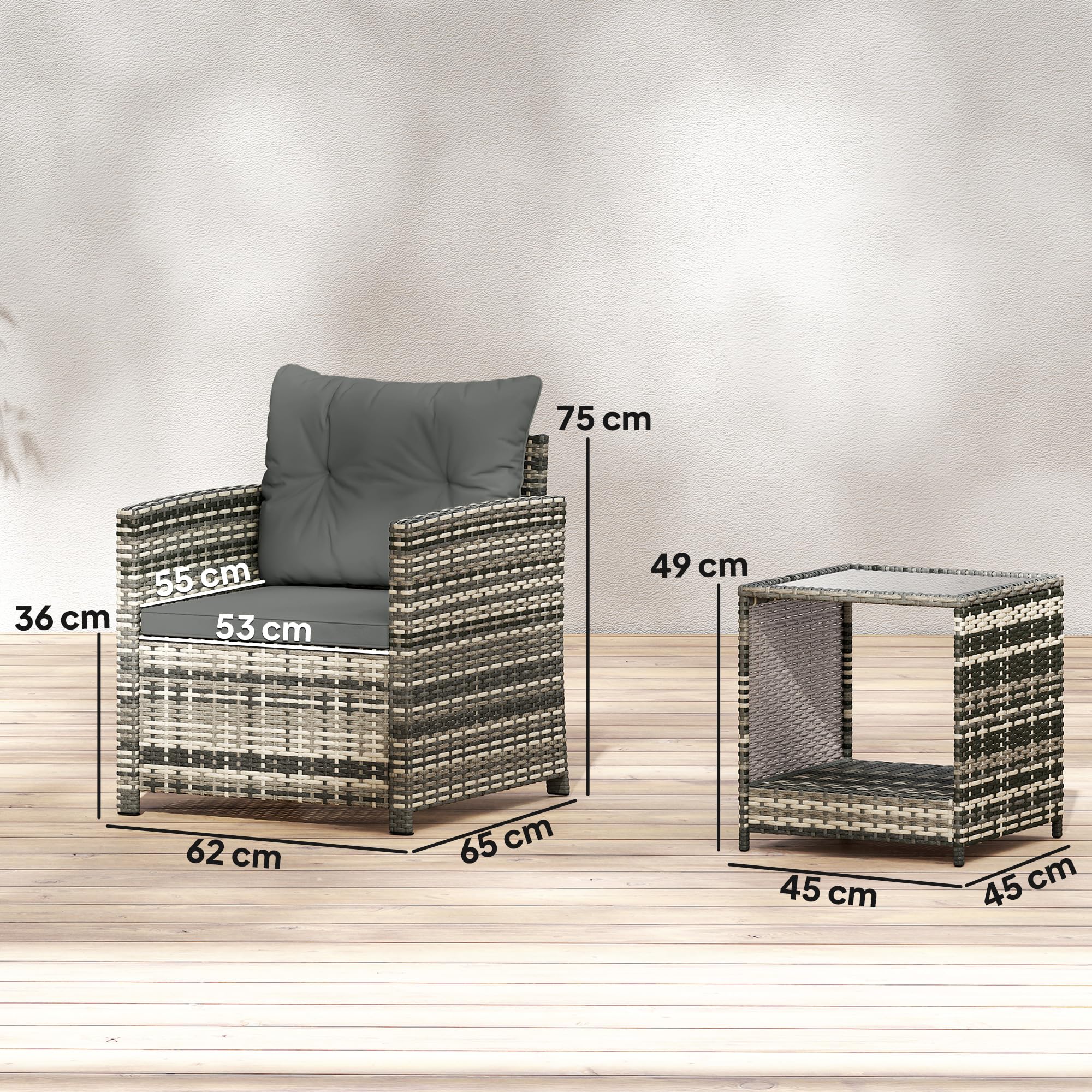 Outsunny Salon de Jardin Extérieur 3 Pièces en Résine Tressée Gris Clair | avec Table de Rangement, 2 Fauteuils, Coussins Déhoussables, Mobilier Terrasse Patio Balcon