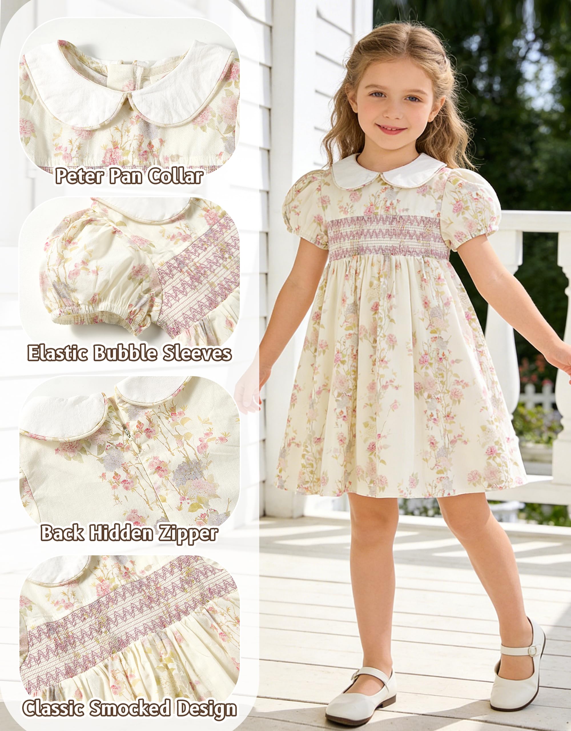 Miipat Kleider für Kleinkind Mädchen Blumenmuster Gerafftes Baumwolle Kleine Mädchen Sommerkleid Vintage Puffärmel Peter Pan Kragen Elegant Freizeitkleid für Kinder - 5
