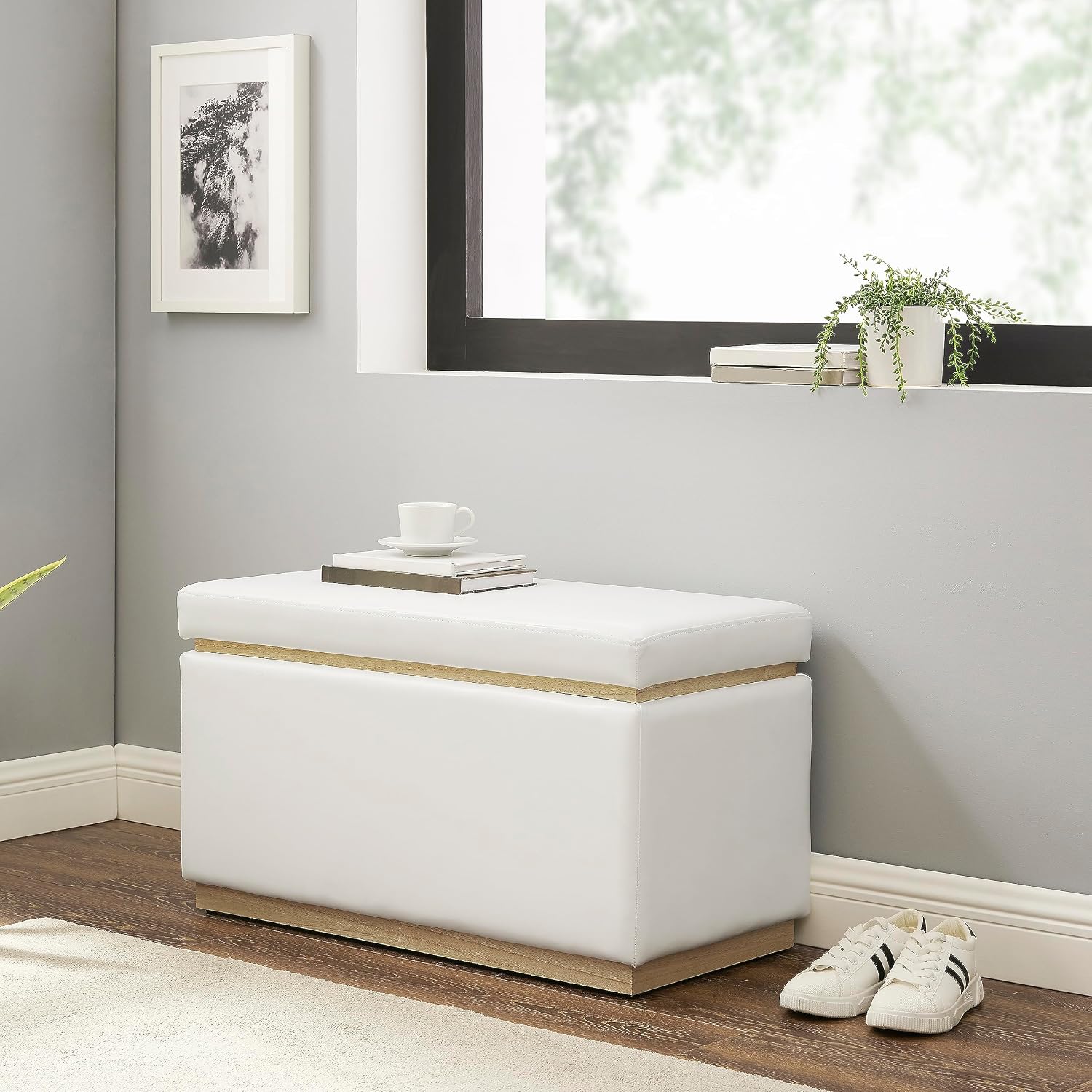 Linon Lexington White Faux Leather Upholstered Rectangular Storage Ottoman with Natural Wood Accent