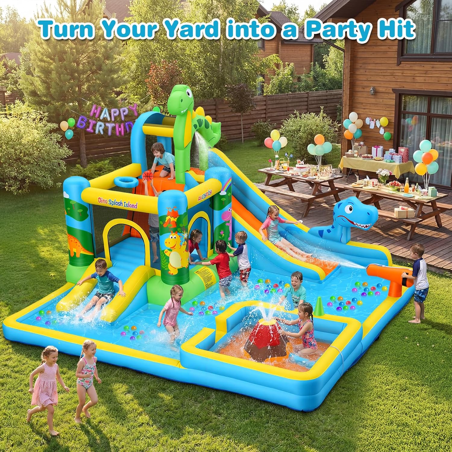 AKEYDIY Bounce House Water Slide, Inflatable Water Slide Dinosaur Water Park with with Long Slide, Pool, Climbing Wall, Water Gun for Outdoor, Blow up Bounce House Castle for Kids Backyard Party Gifts