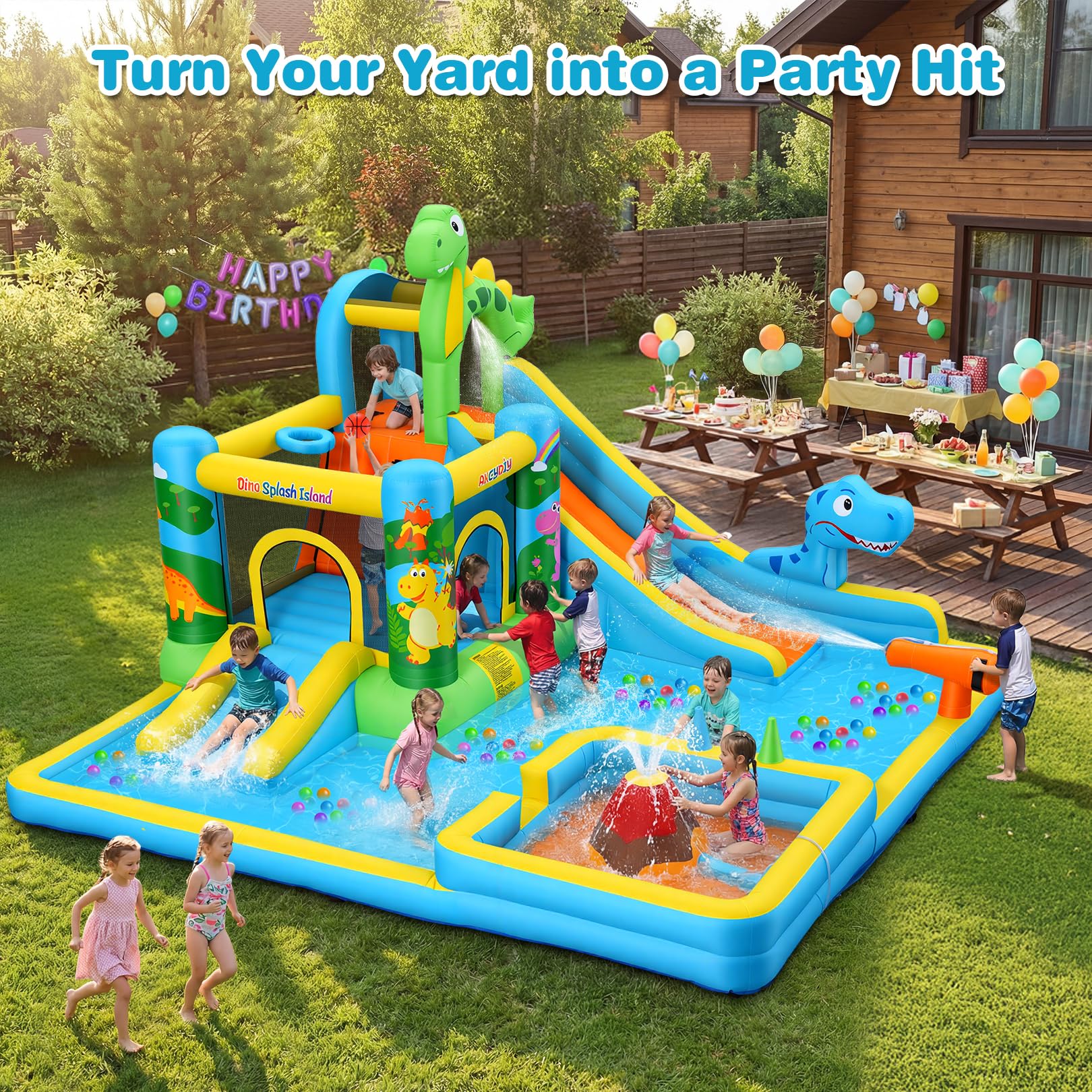 Toboggan Aquatique Gonflable avec Ventilateur pour Enfants de 3 Ans et Plus - Château Gonflable Toboggan Sec/Eau - Parc Aquatique Dinosaure avec 2 toboggans - Pataugeoire et Piscine