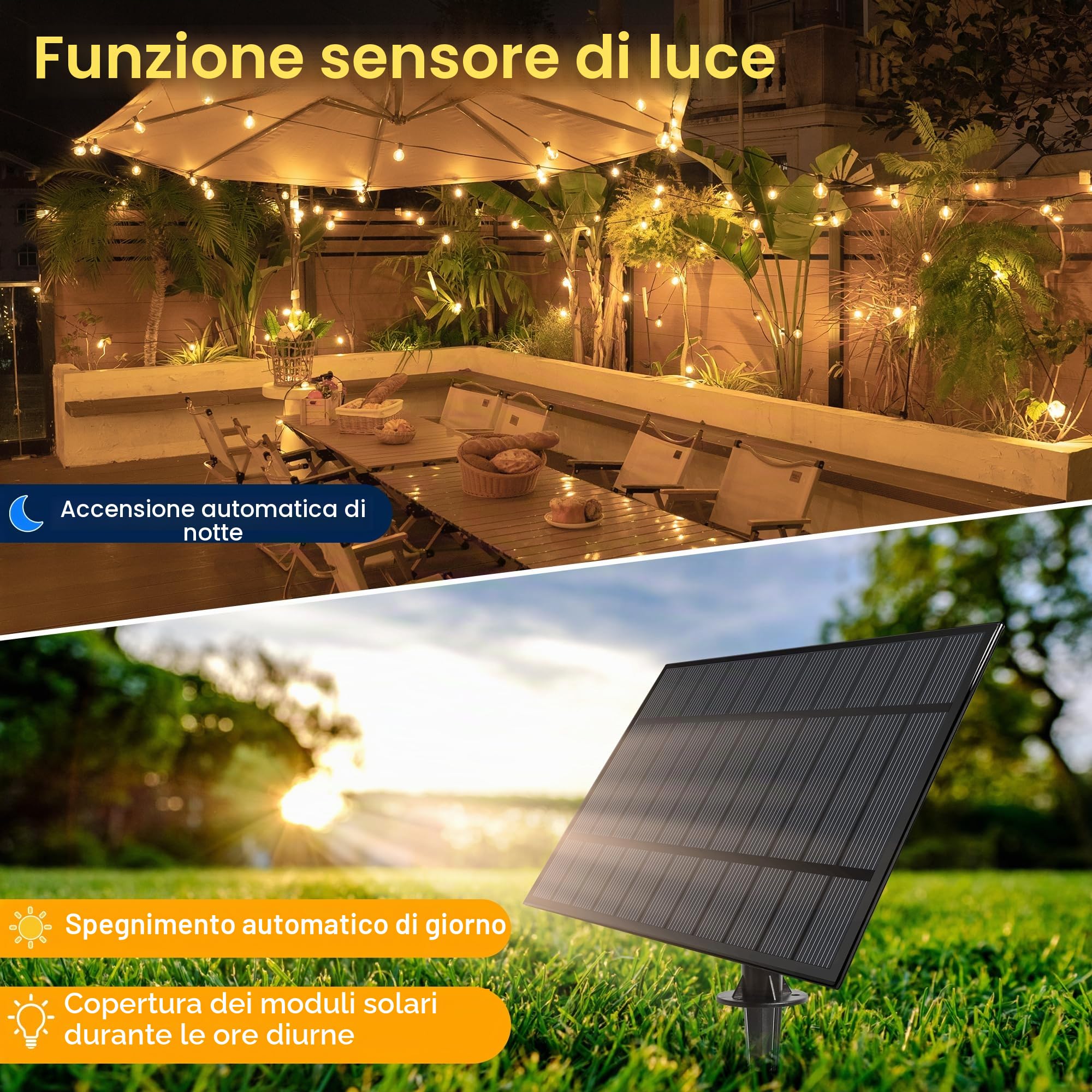 Ollny Catena Luminosa Esterno Solare 20 M con 30 + 2 Lampadine LED G40 per esterni con telecomando, 3 modalità di illuminazione e funzione timer, IP65 impermeabile, per Giardino Matrimonio Feste
