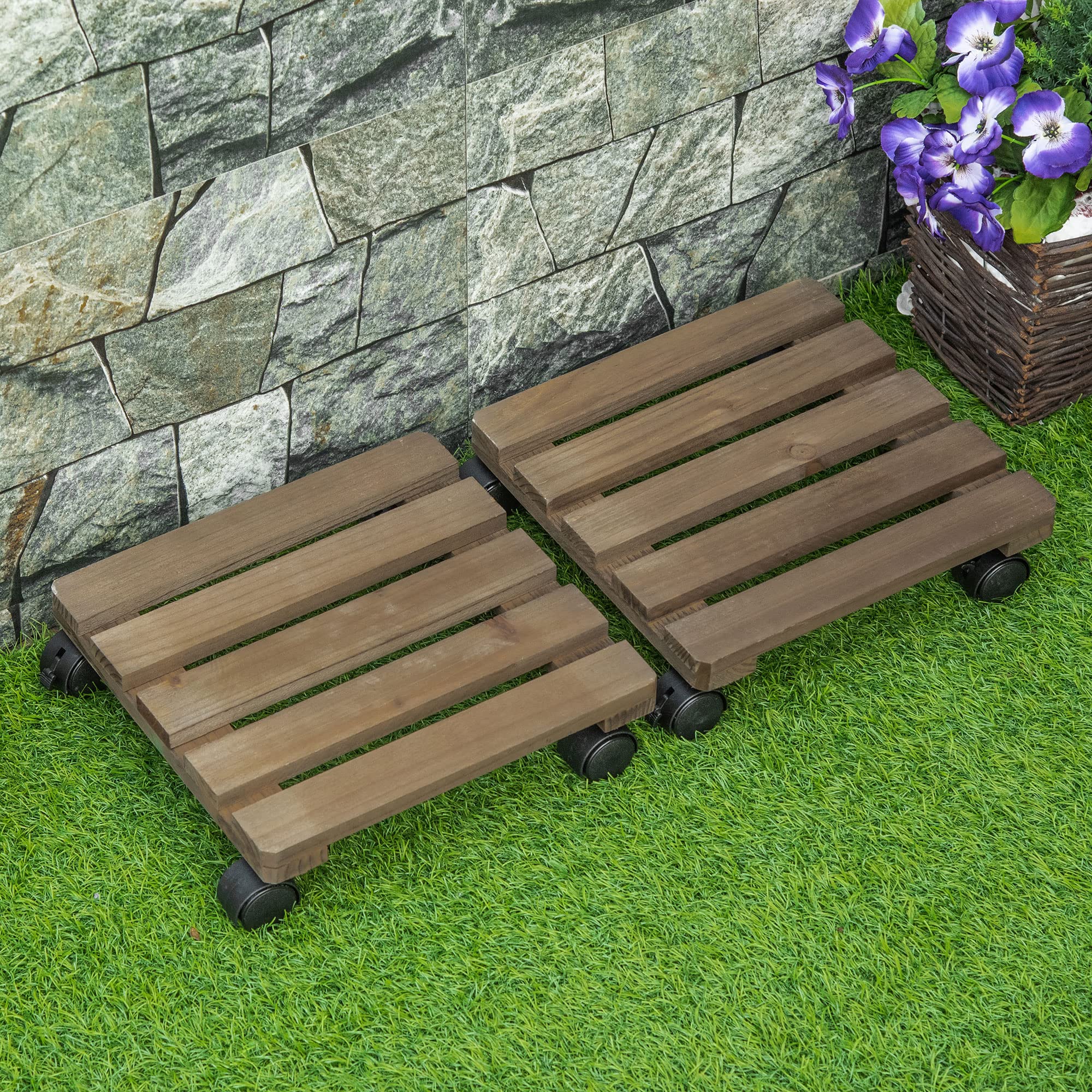 Outsunny Pack de 2 Plataformas con Ruedas de Madera 50 kg Marrón Oscuro | Soportes para Plantas con Ruedas 360 ° Giratorias Bloqueables, Bases para Macetas, Exterior, Interior, Jardín