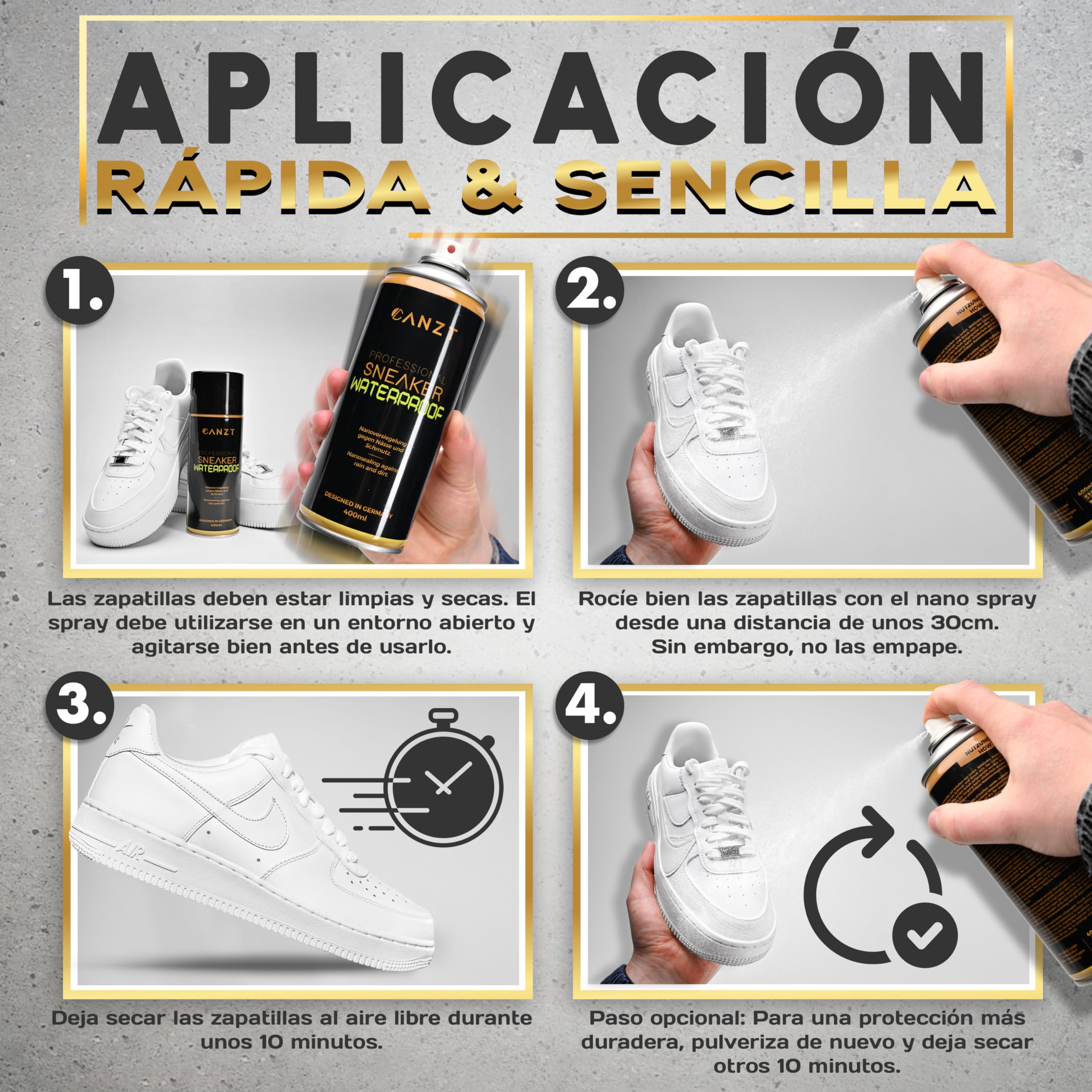 Canzt Spray Impermeabilizante Calzado 400 ml – Protección contra Agua y Suciedad para Zapatillas, Zapatos, Piel, Ante, Textil y Nubuck