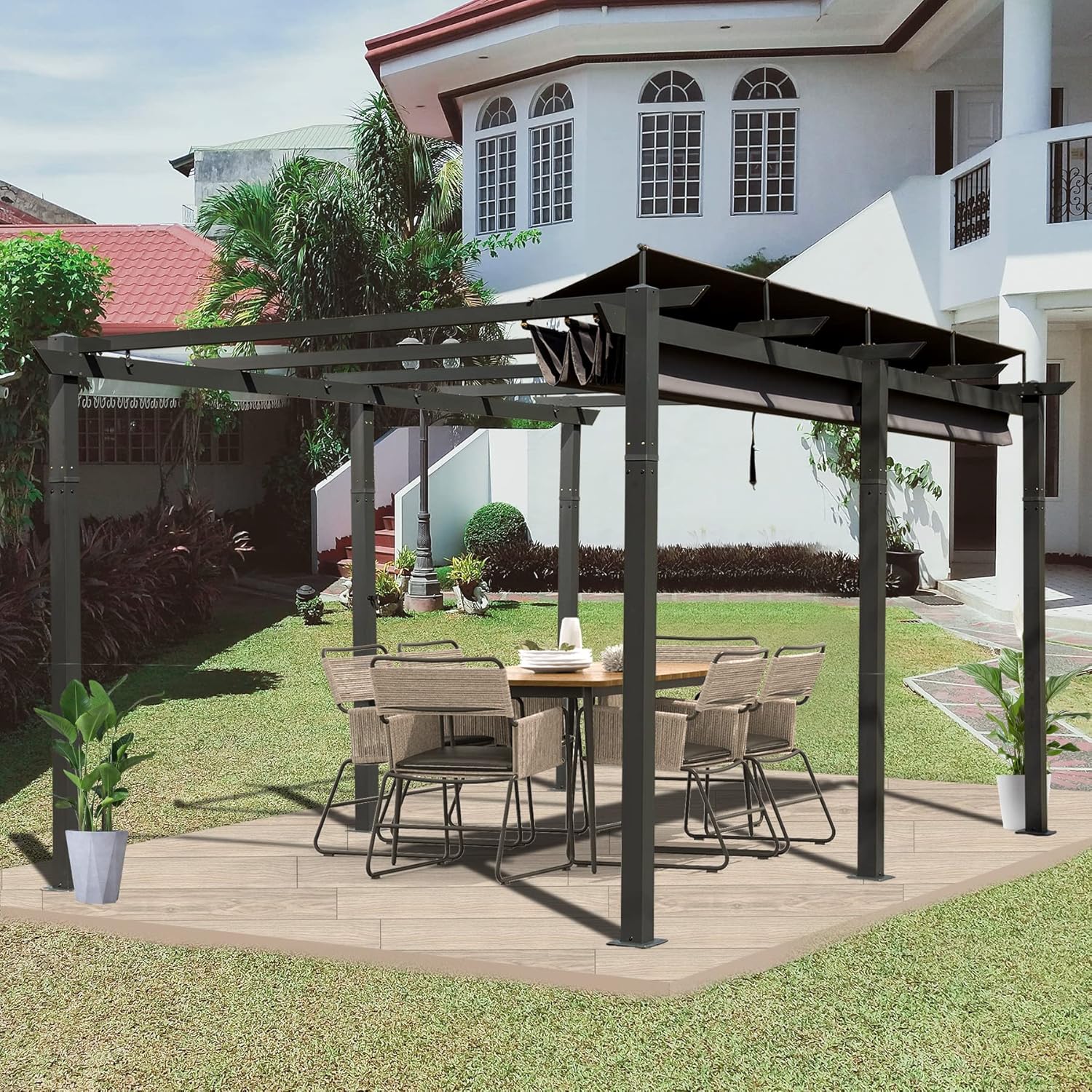 Domi 11x16ft Outdoor Retractable Pergola with Sun Shade