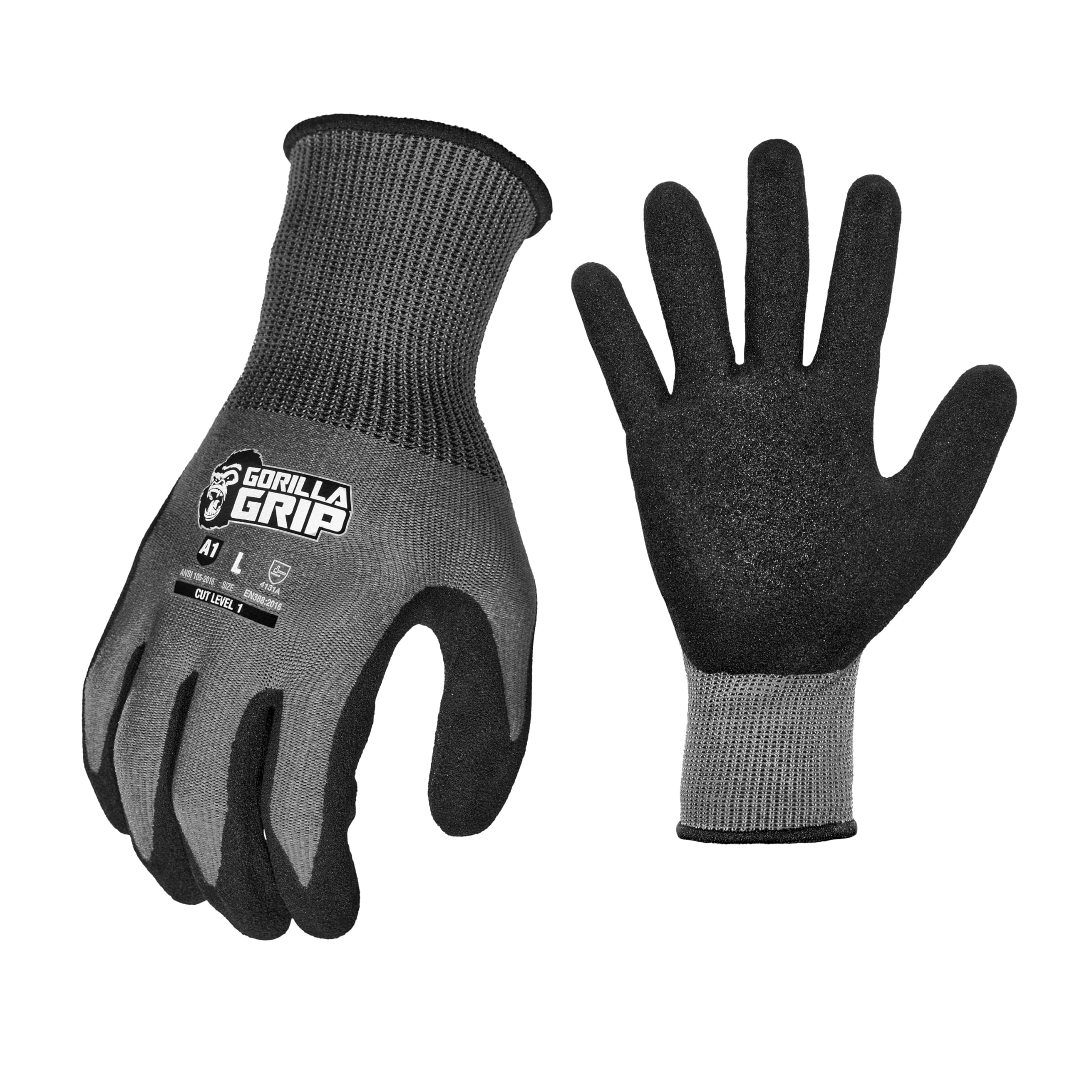 Gorilla Grip A1 Precision Grip, Cut Resistant Work Gloves, Touschreen Compatible Safety Gloves, Breathable, Nitrile Coated, Grey - X-Large (12 Pack)