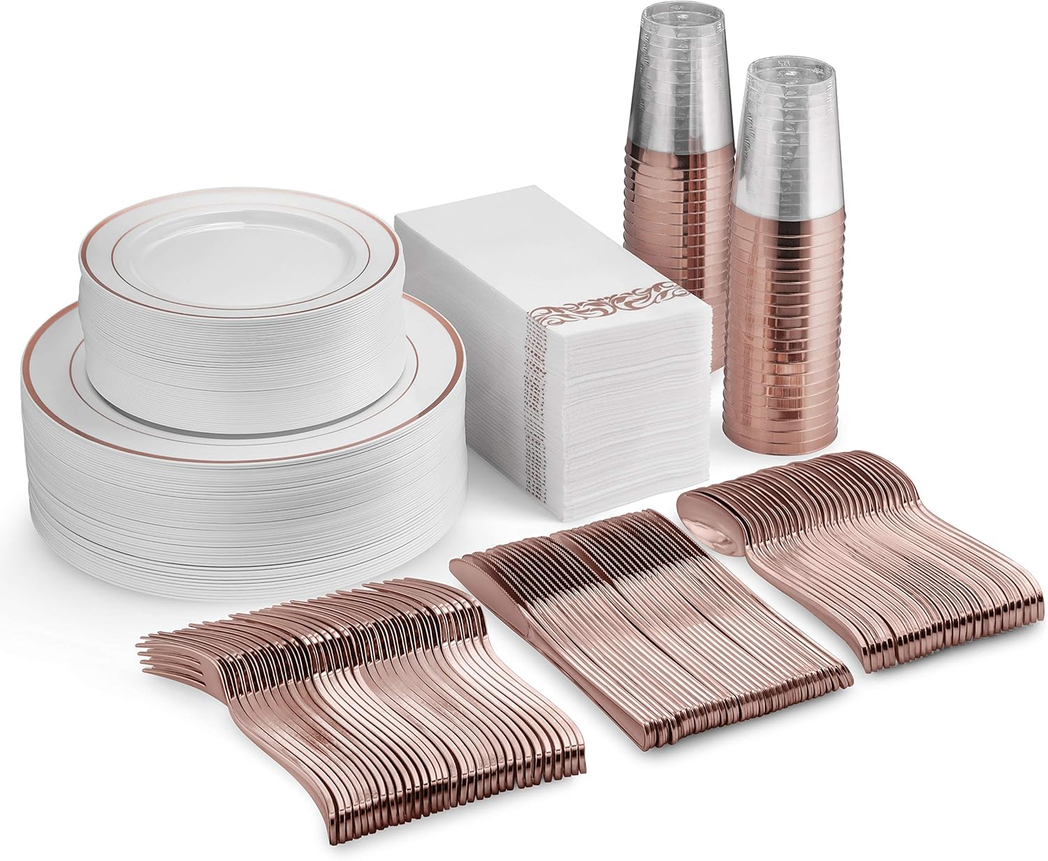Buy 1 get 1 🔥 350 Piece Rose Gold Dinnerware Set - 50 Guest Rose Gold Plastic Plates - 50 Rose Gold Plastic Silverware - 50 Rose Gold Cups - 50 Linen Like Rose Gold Napkins, Disposable Rose Gold Dinnerware Set