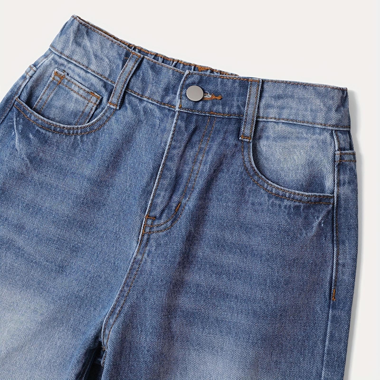 Jeans per Ragazze, Pantaloni Larghi in Denim a Gamba Larga, Vita Alta Elasticizzata, Pantaloni con Fiocco Carini, Casual, Abbigliamento da Strada per bambini7