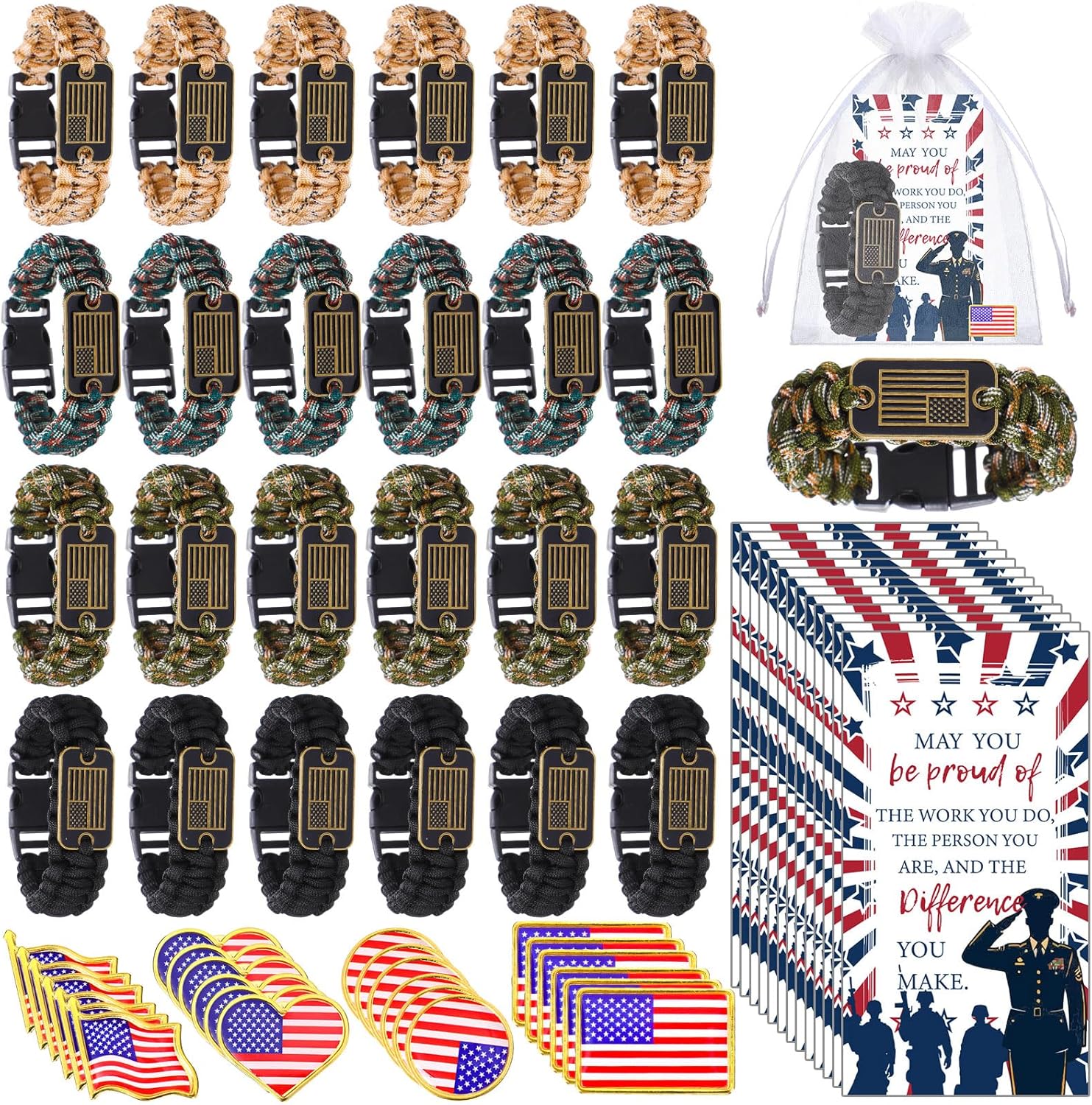 Liliaafar 96 Pcs Veteran Military Gifts Paracord Bracelet, American Flag Lapel Pins Patriotic Paracord with Bronze USA Flag Cards Organza Bags Tactical Survival Bracelet for Veterans Day Soldiers