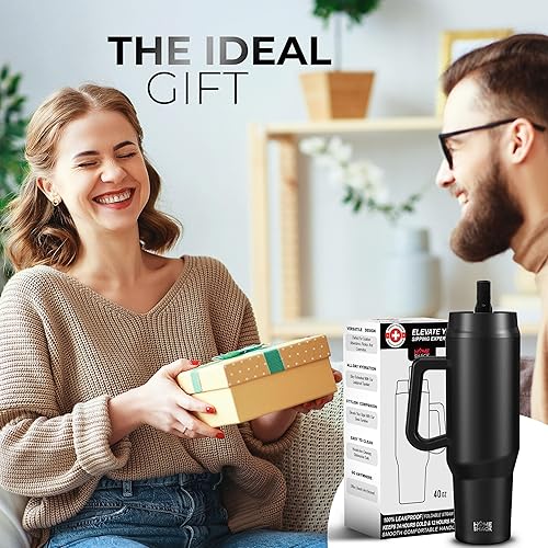 Miniatura 5 de HOMESHACK Vaso de 40 onzas con asa y tapa plegable con popote  Botella de agua de acero inoxidable aislada a prueba de fugas  Taza de viaje para