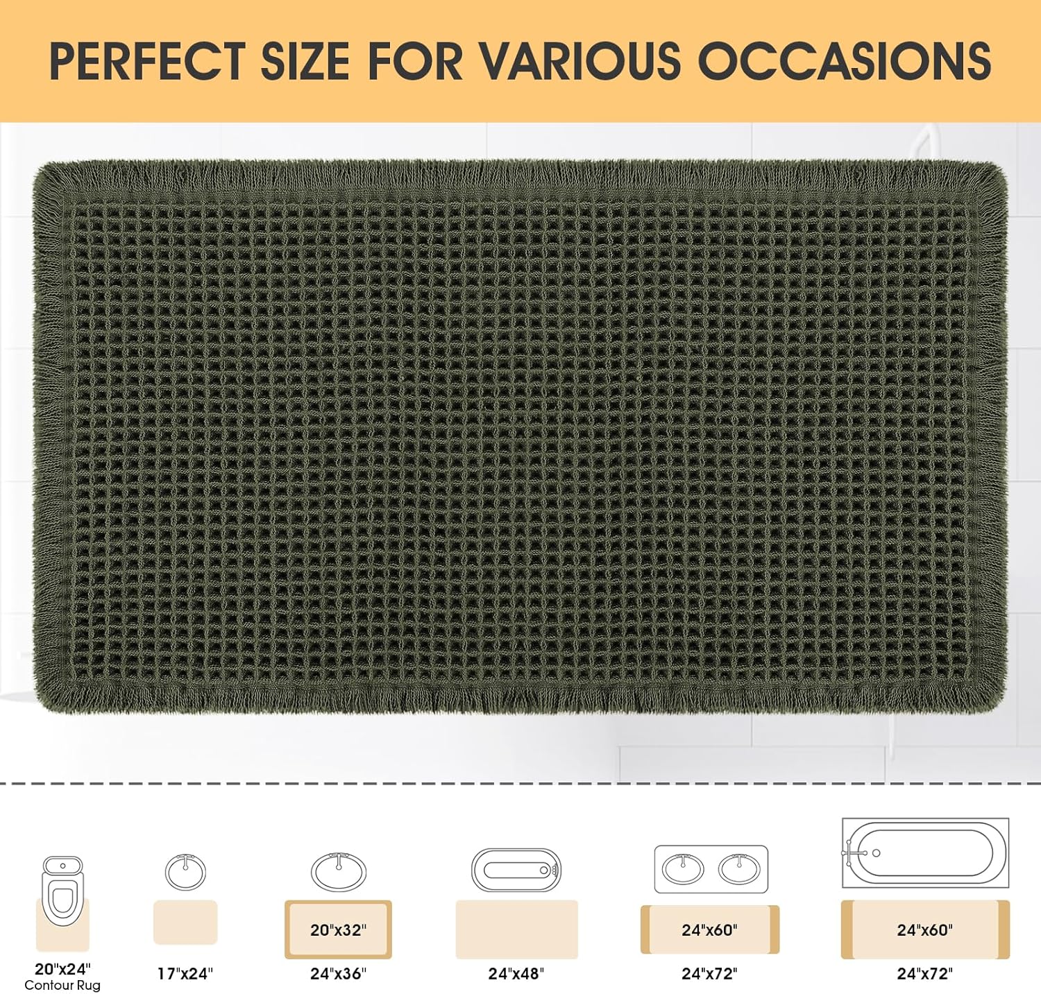 IM HOME Waffle Bath Mat Dark Green 32"x20", Boho Woven Modern Bath Mat Rugs, Absorbent Non Slip Bathroom Rugs, Soft Washable Bath Rugs with Tassels for Bedroom, Kitchen, Shower, Tub