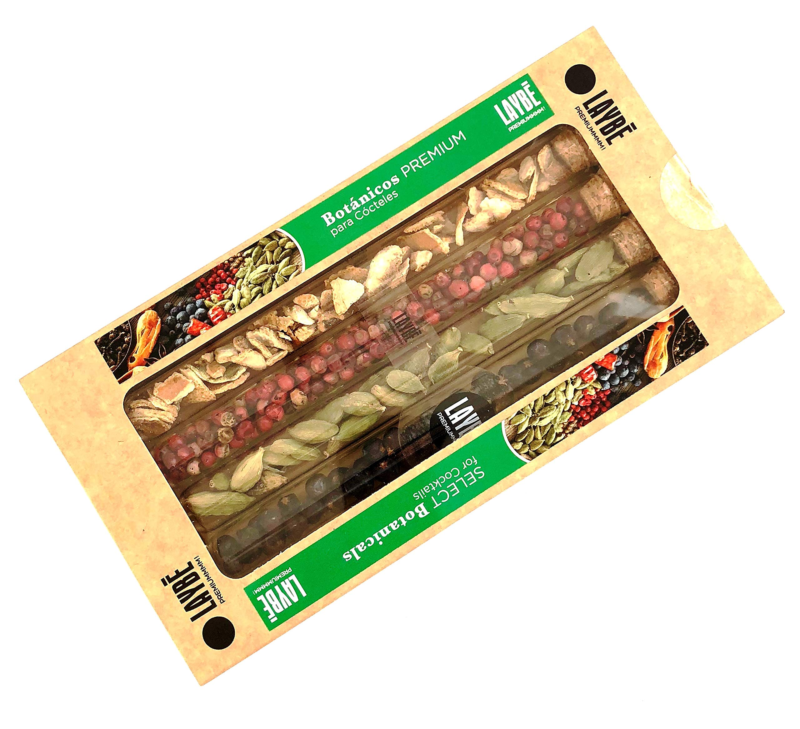 LAYBE ESTUCHE Botánicos Premium Cócteles Pimienta Rosa Brasil Cardamomo Verde Corteza Naranja Enebro Bayas
