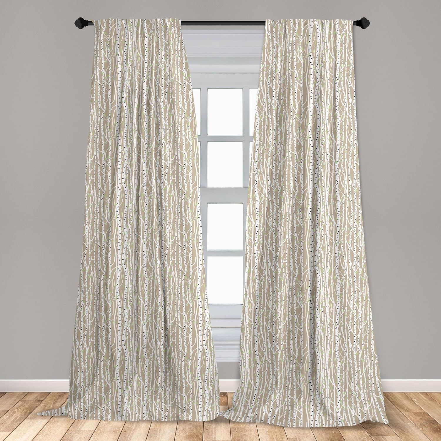 Ambesonne Birch Tree Window Curtains Pack of 2, Forest Fresh Foliage Nature Abstract Trunks Black Spots, Lightweight Set with Rod Pocket, 4 Panels of - 28" x 95", Tan Green