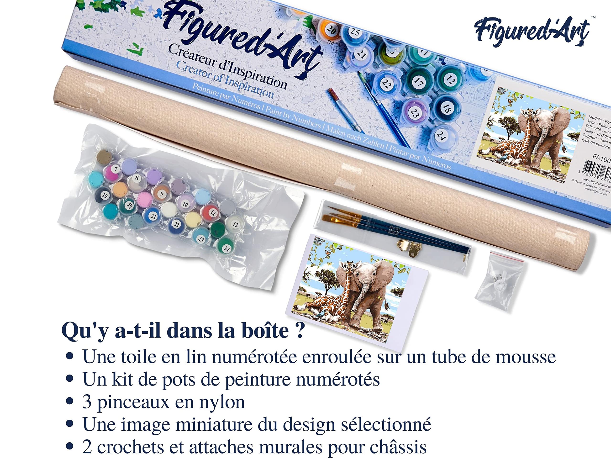 Figured' Art Peinture par numéros Adultes Toile Éléphant et Girafe Amis - Kit de