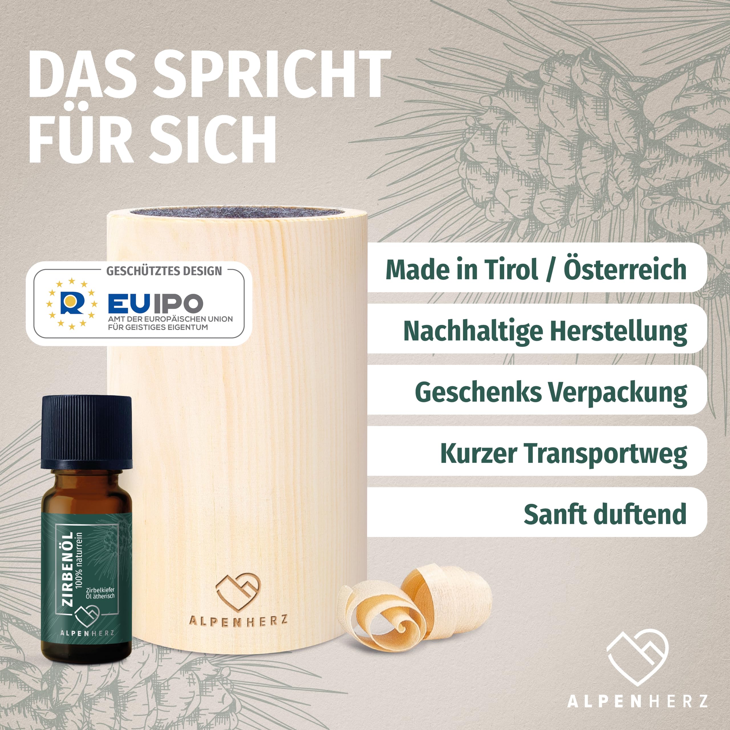 Alpenherz Diffuser Set mit Zirbenöl 10 ml - Naturrein aus Österreich - Zirbenholz Würfel mit Filz Duftspender Schönes Zirbelkiefer Set als Deko
