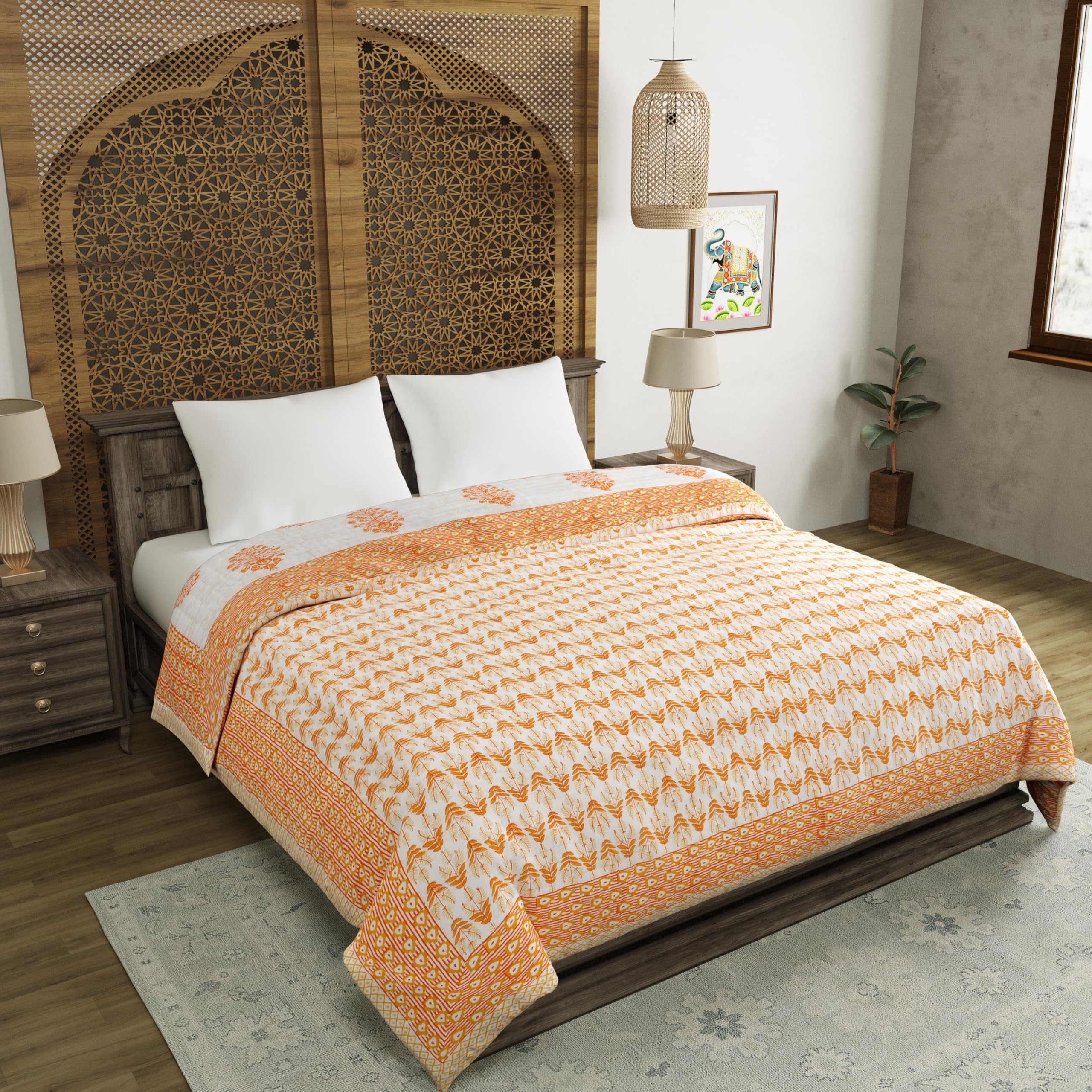 BLOCKS OF INDIA Hand Block Printed Cotton King Size Quilt/Rajai (90 inch X 108 inch) (Orange BUTA) (B0D9Y3FPDJ) Amazon Price History, Amazon Price Tracker