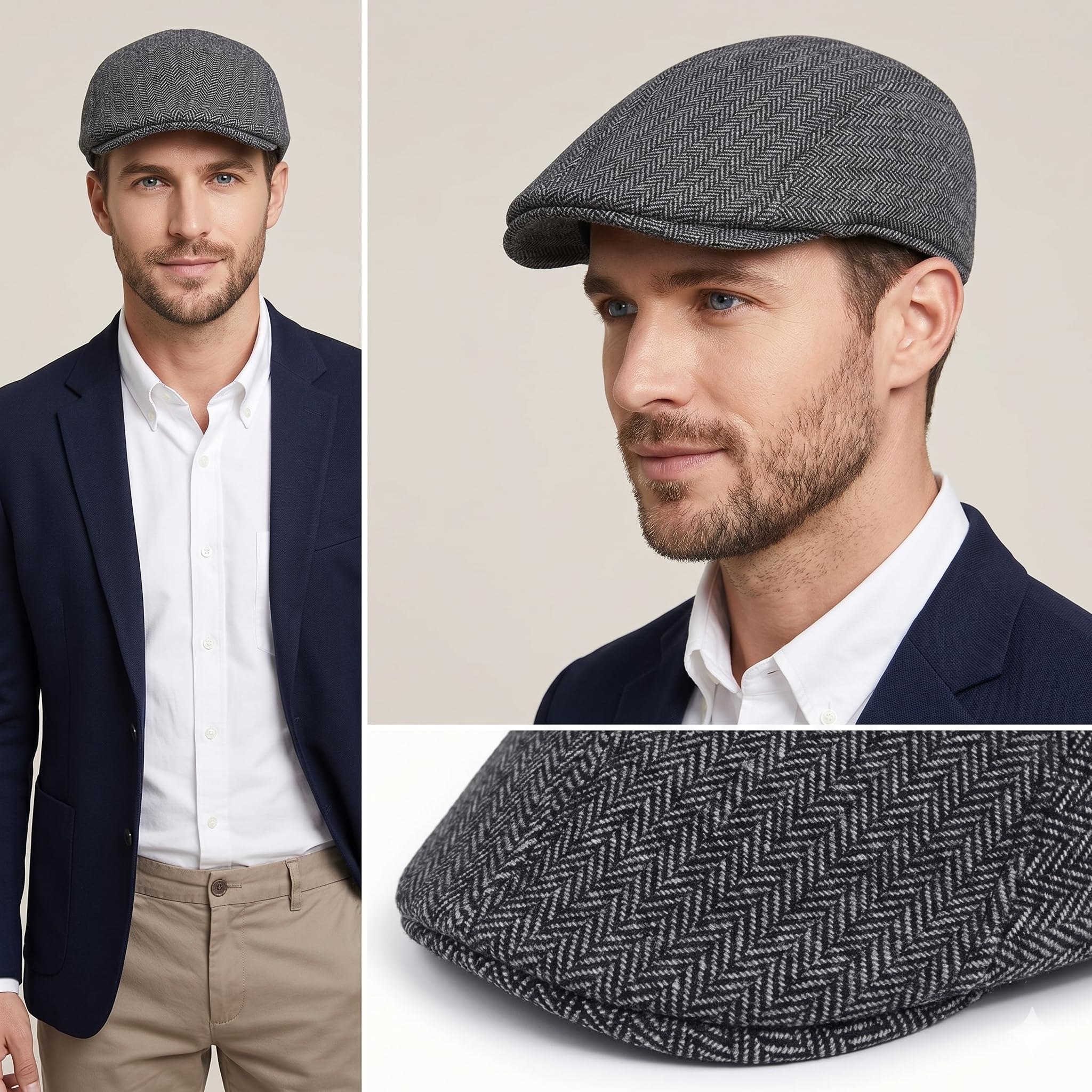 RR DESIGN Ivry/Golf/Flat Tweed Newsboy Hat for Men - Black Peaky Blinder Pattern - Free Size - Pack of 1 2