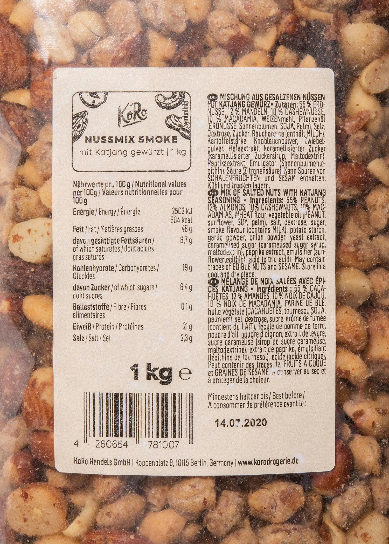 KoRo - Mélange de noix salées et fumées 1kg - Un snack fumé pour les petites faims